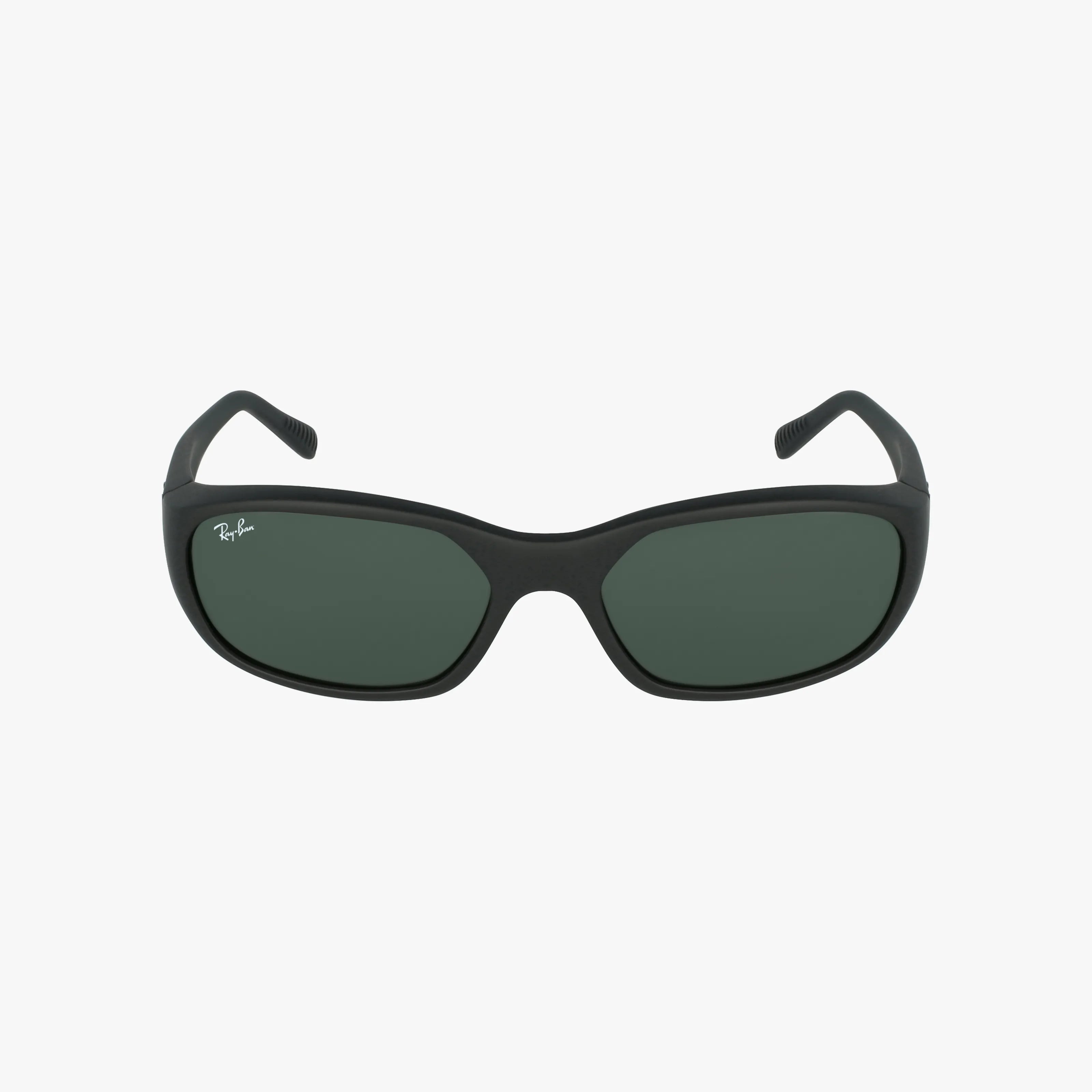 The RB2016 sunglasses by Ray-Ban feature a black curved frame, thick arms, and dark green lenses for sun protection. The white Ray-Ban logo decorates the upper left lens, and they are displayed against a plain white background.