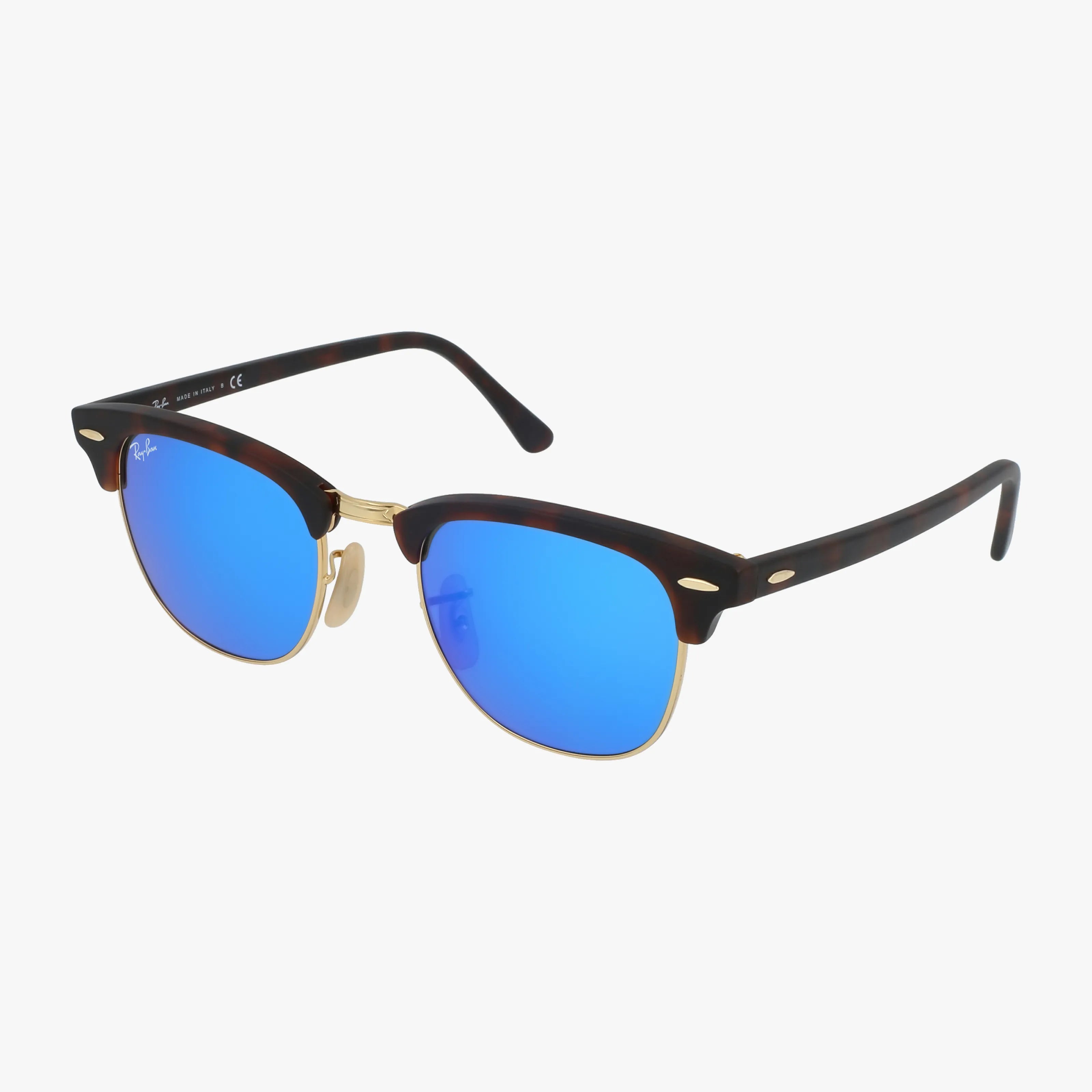 A pair of RB3016 CLUBMASTER sunglasses featuring blue mirrored premium lenses, a gold metal bridge, and tortoiseshell-patterned browline and arms.