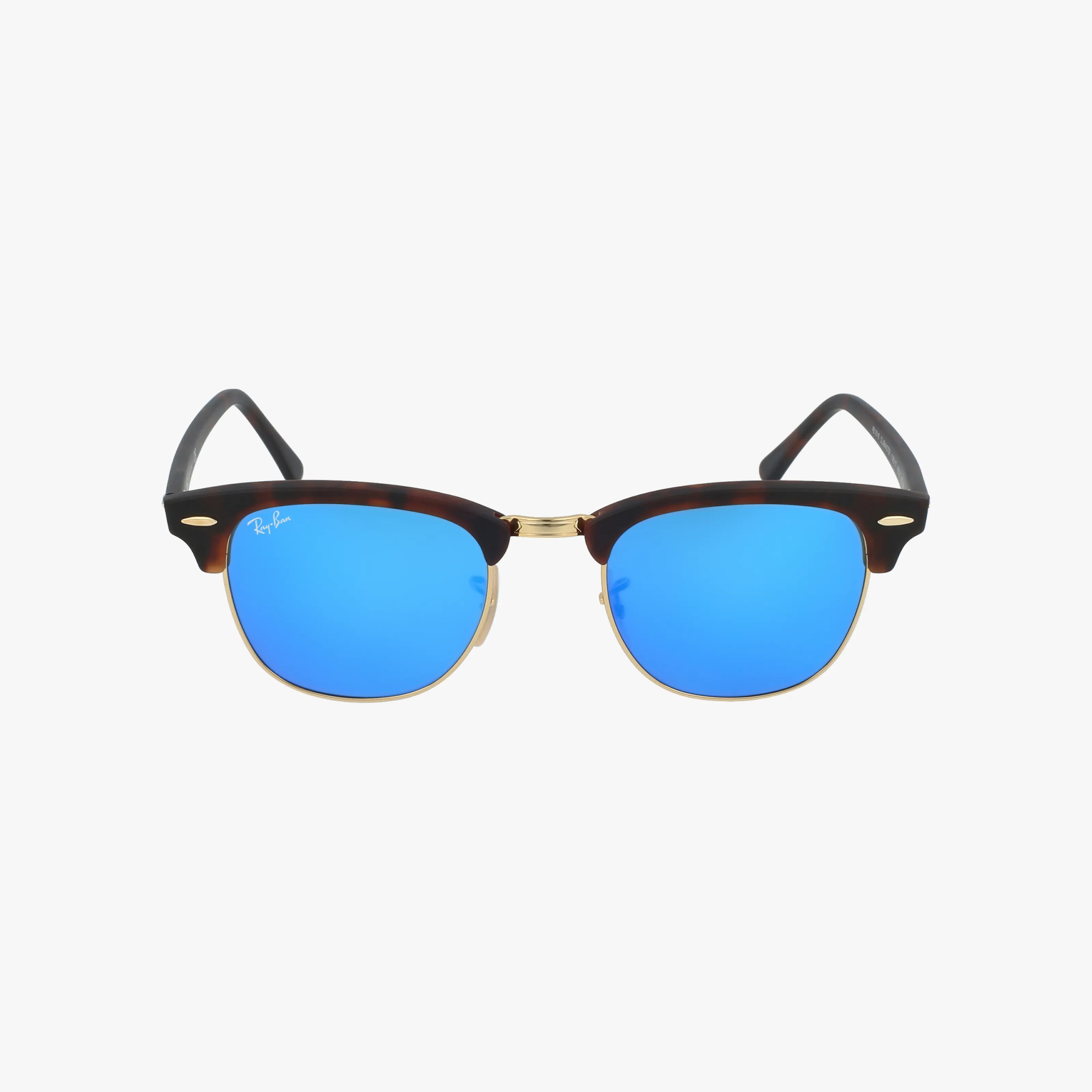 A pair of RB3016 CLUBMASTER sunglasses with blue mirrored lenses, tortoiseshell and gold frame, and black arms, displayed on a plain white background.