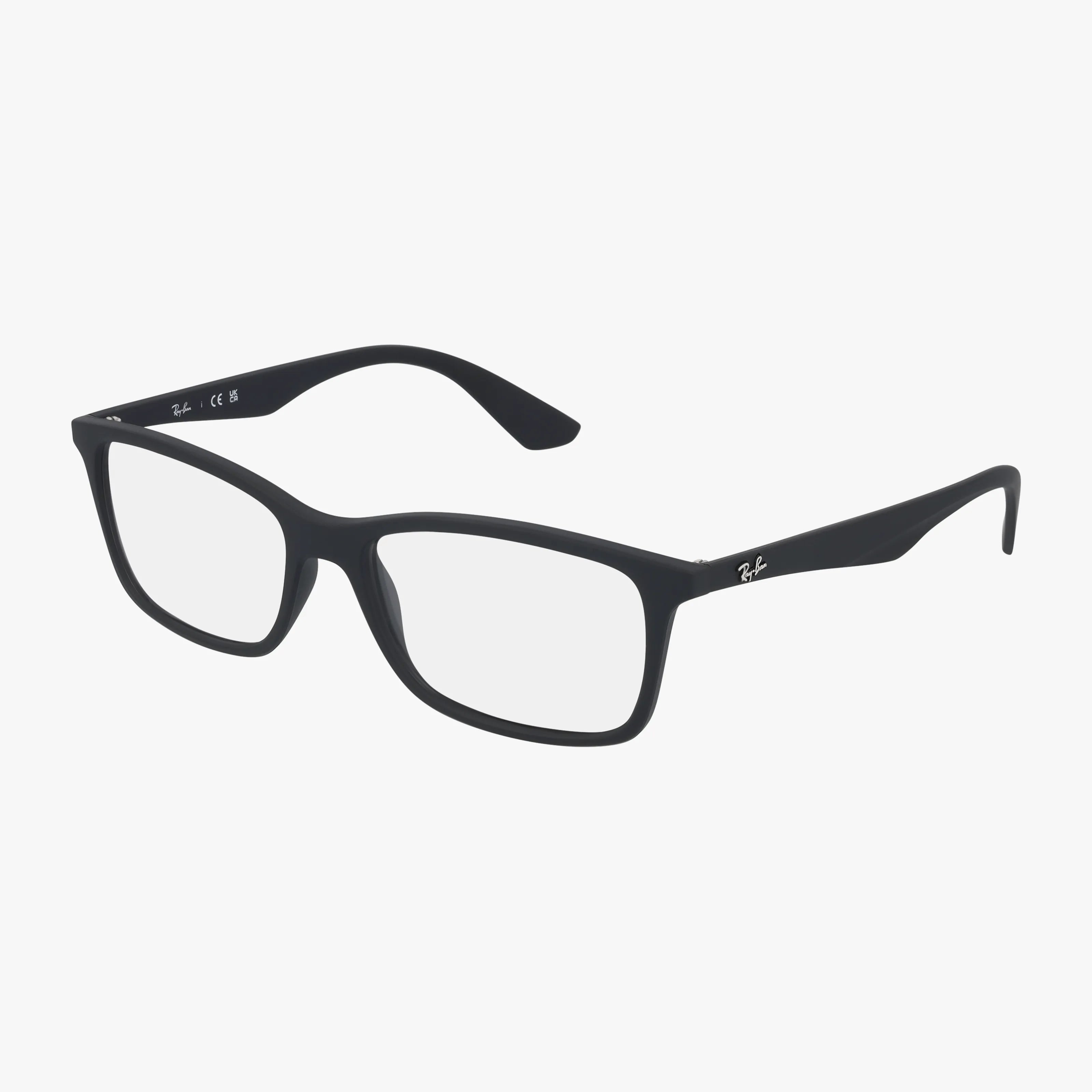 The RX7047 features black rectangular frames with clear lenses and a sleek design, displayed on a white background. The Ray-Ban logo accents the temples and upper lens corners, highlighting its versatile style.