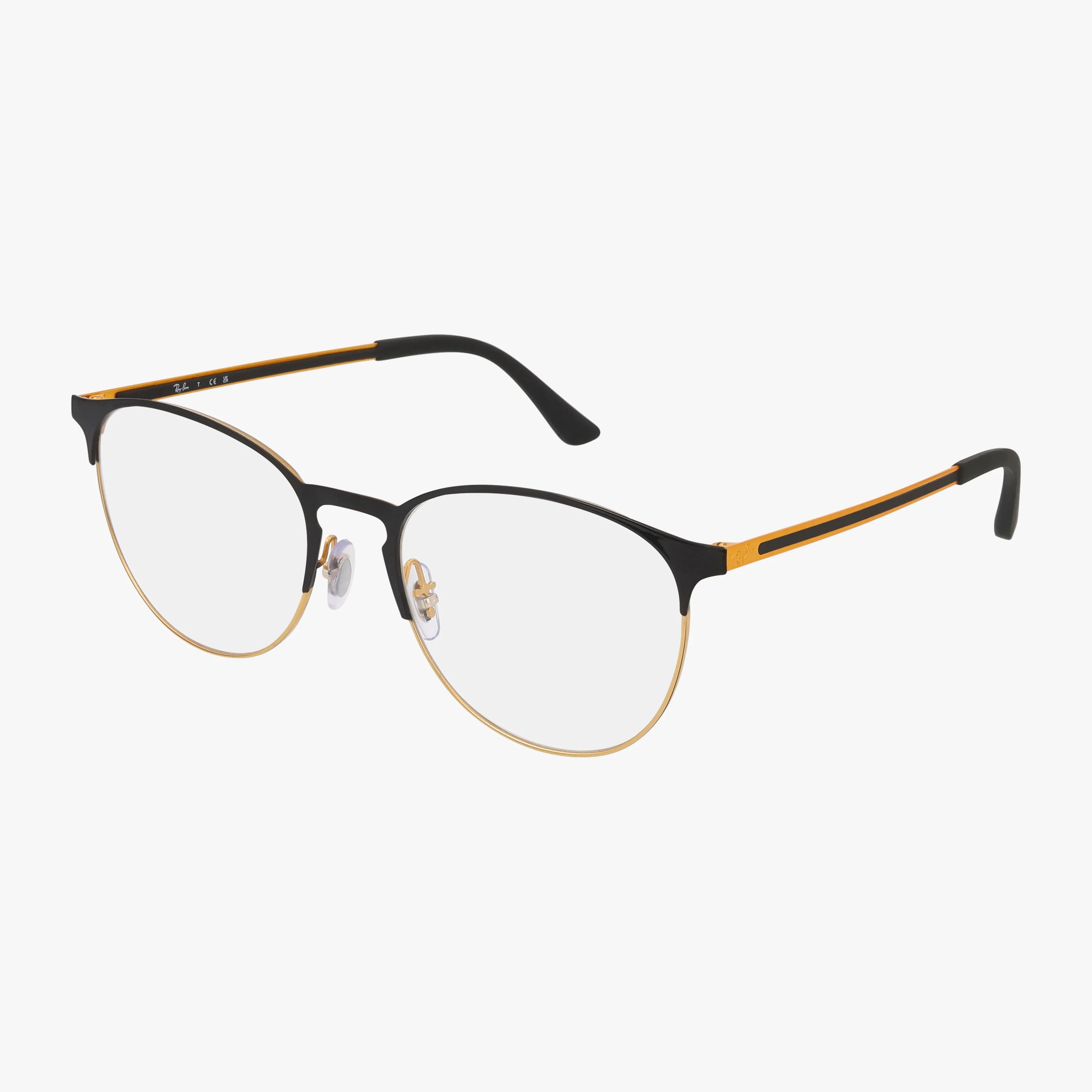 The RX6375 features round eyeglasses with thin black frames on top, gold rims below, and gold and black temples for a stylish look, displayed against a white background.