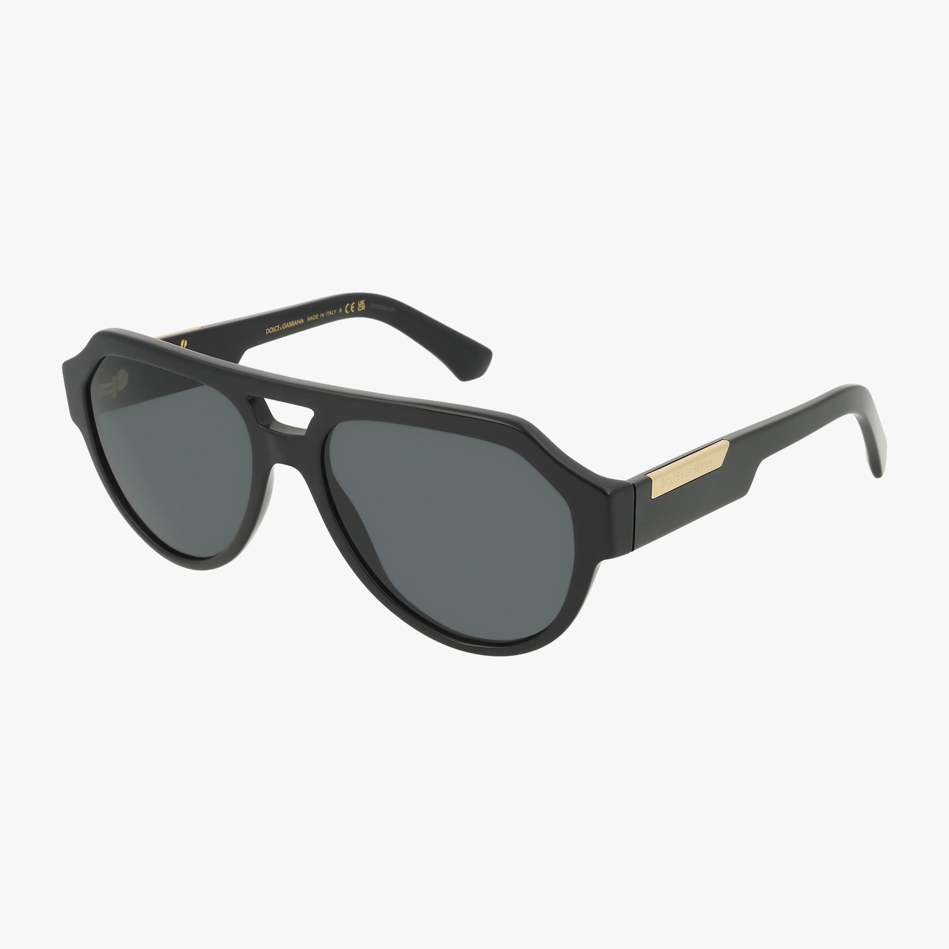 The DG4466 black sunglasses feature dark tinted lenses, a thick frame, and gold temple accents for UV protection. Slightly curved arms enhance comfort and durability. Shown on a white background.