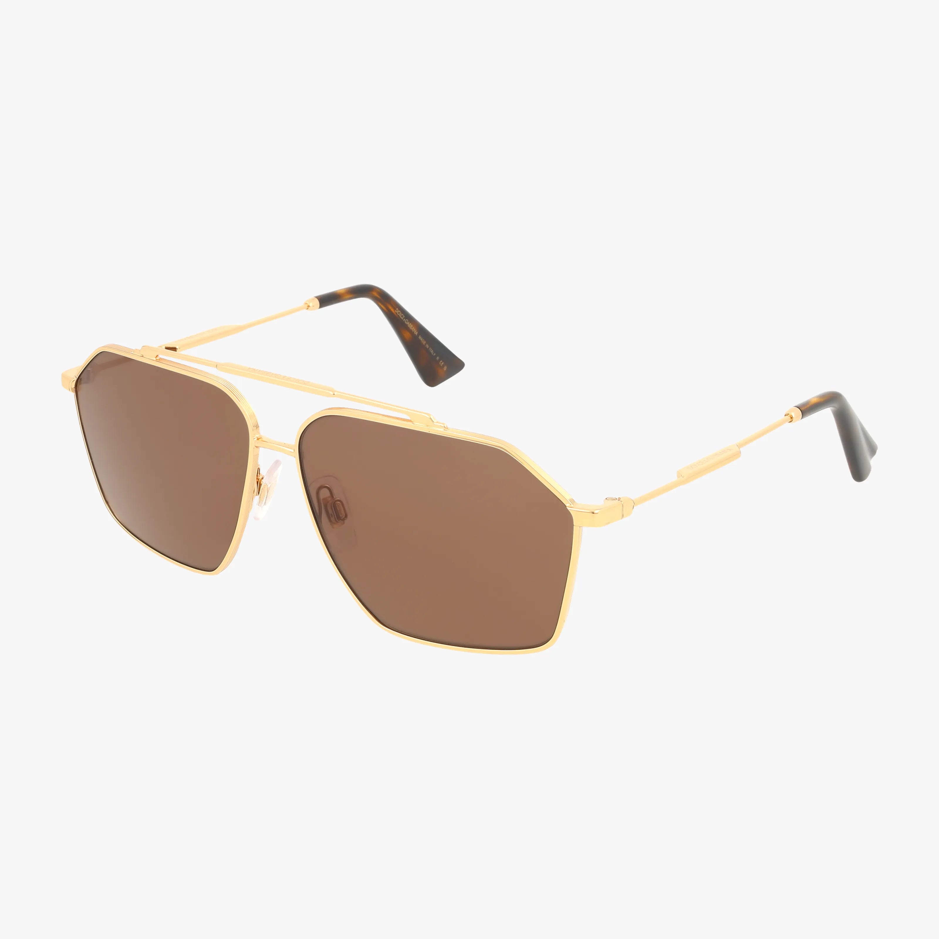 DG2303 sunglasses feature gold geometric frames, brown tinted lenses, and black-tipped arms for a stylish, modern look and reliable sun protection, shown on a white background.