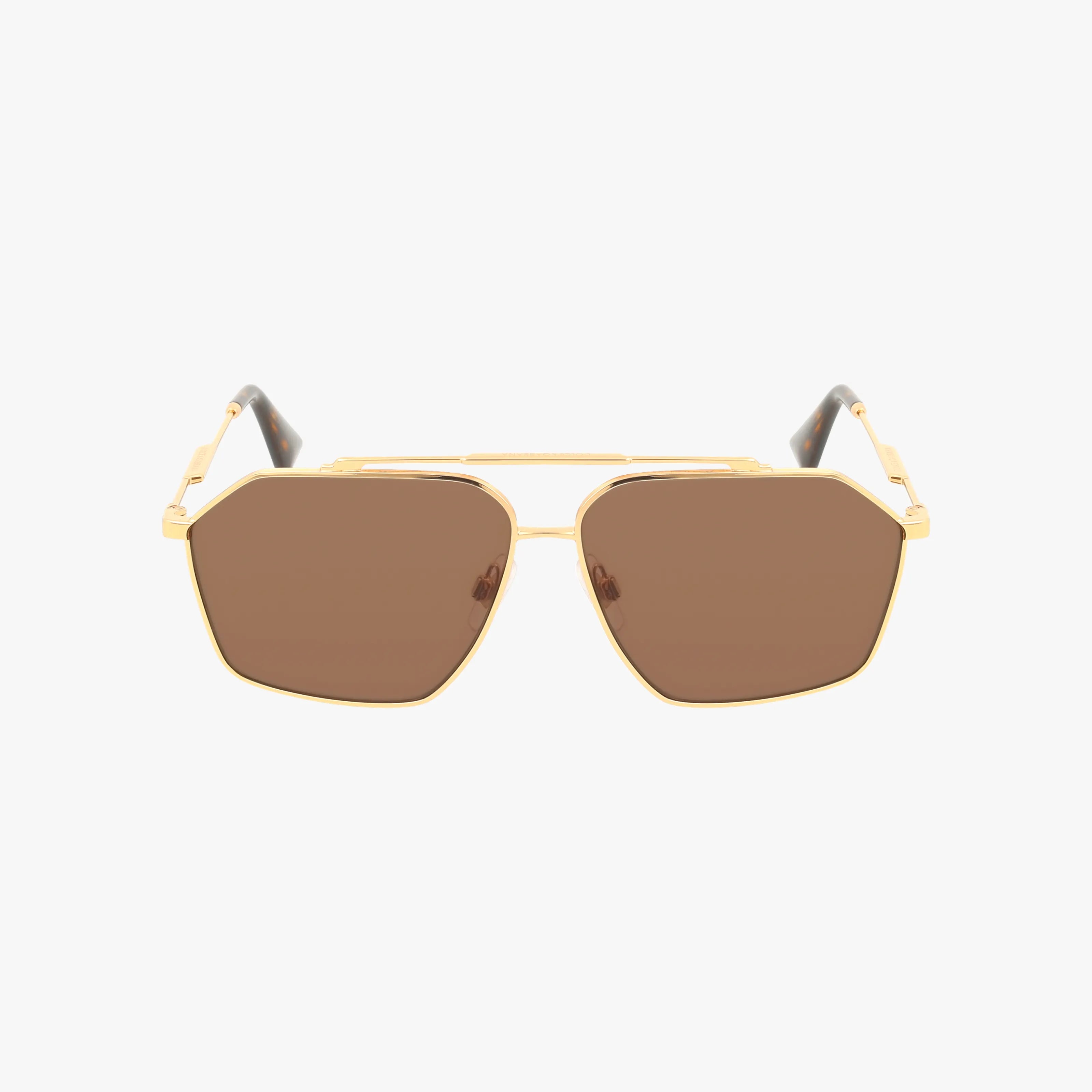 Front view of DG2303 gold-framed, geometric sunglasses with brown-tinted lenses on a white background—combining stylish design and essential sun protection.