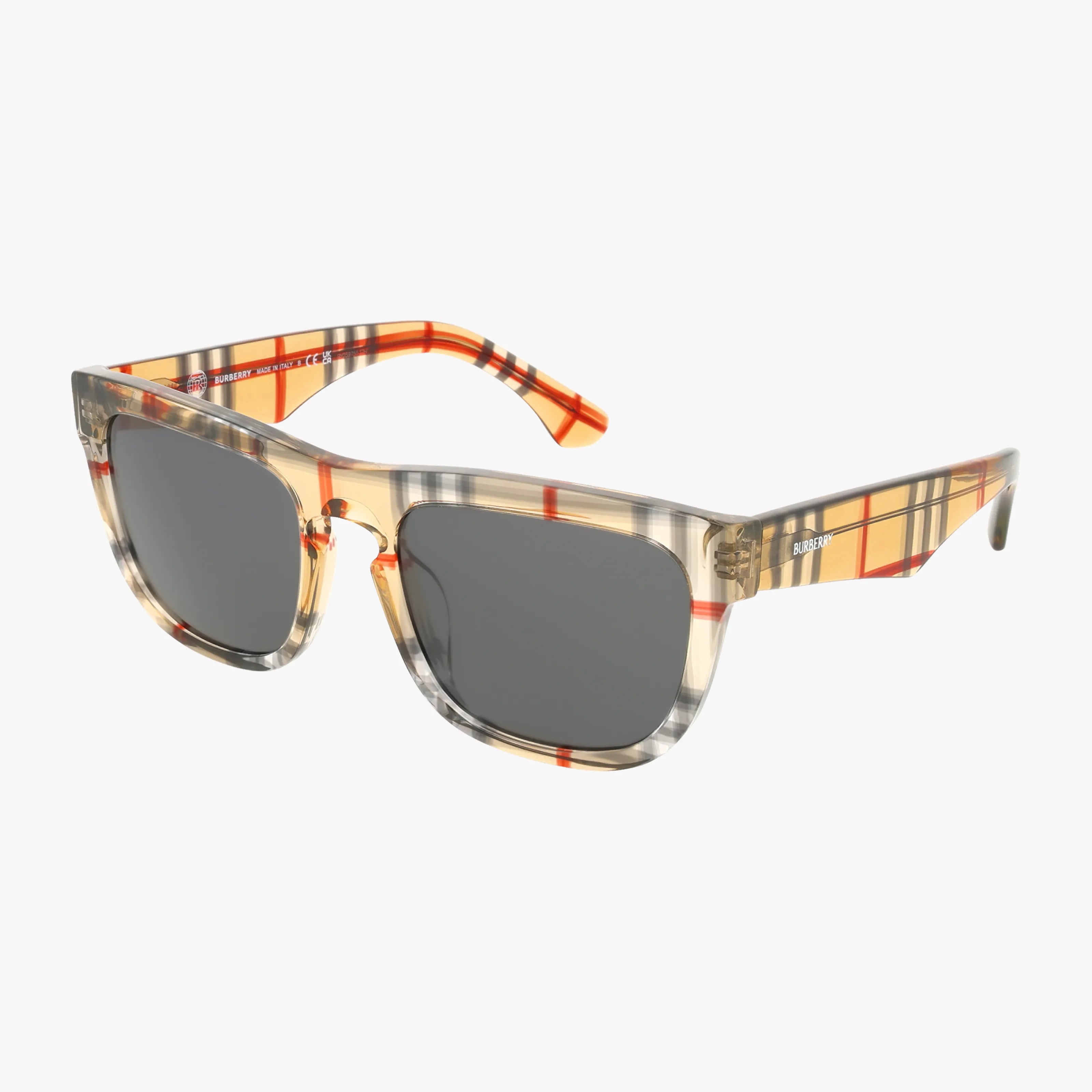 BE4431U rectangular sunglasses feature dark lenses and a lightweight, transparent frame with a beige, black, and red plaid pattern. The temples also showcase the classic plaid design for a stylish and distinctive look.