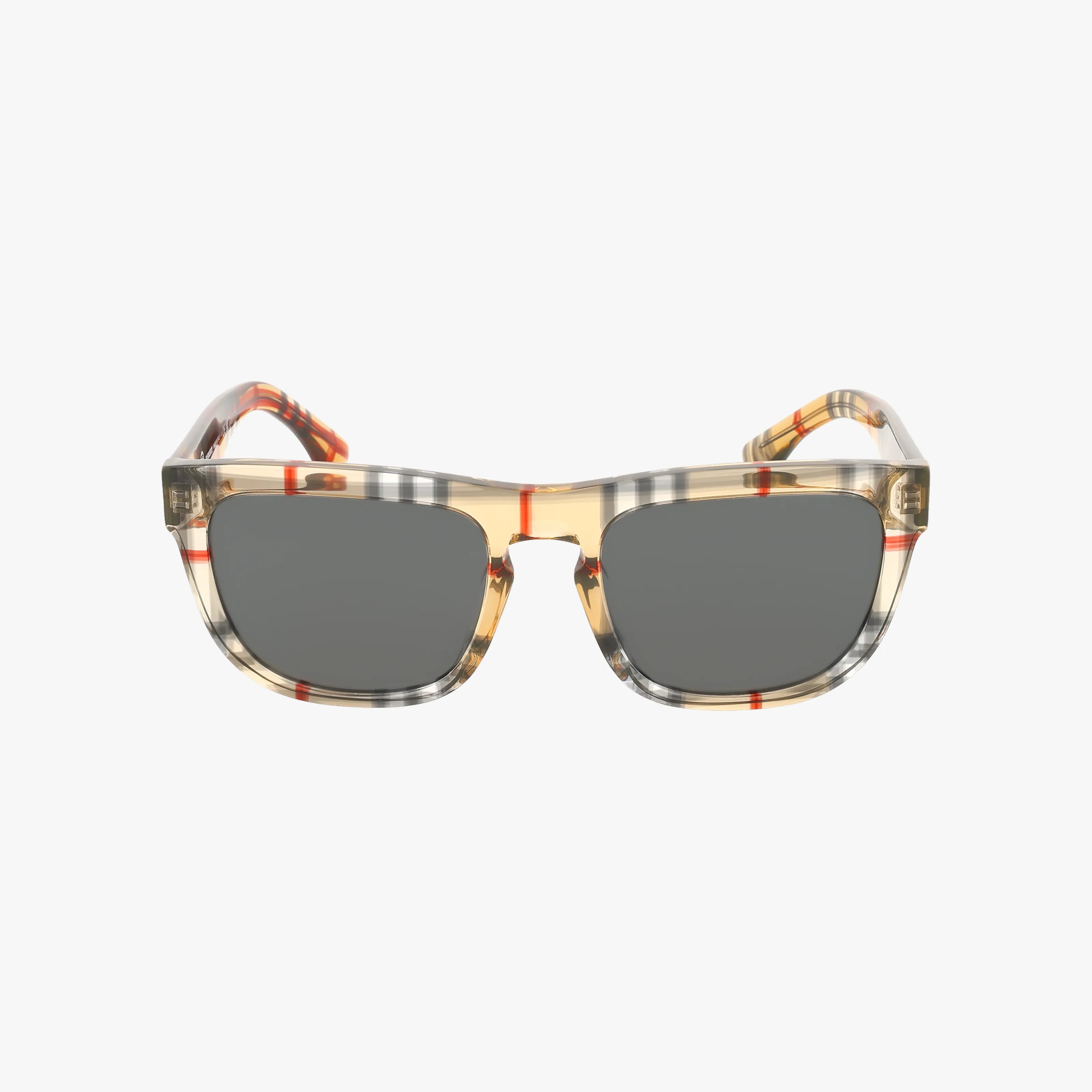 The BE4431U sunglasses feature rectangular dark lenses and a transparent, lightweight frame with beige, black, white, and red plaid patterns. The arms also showcase the signature plaid design.