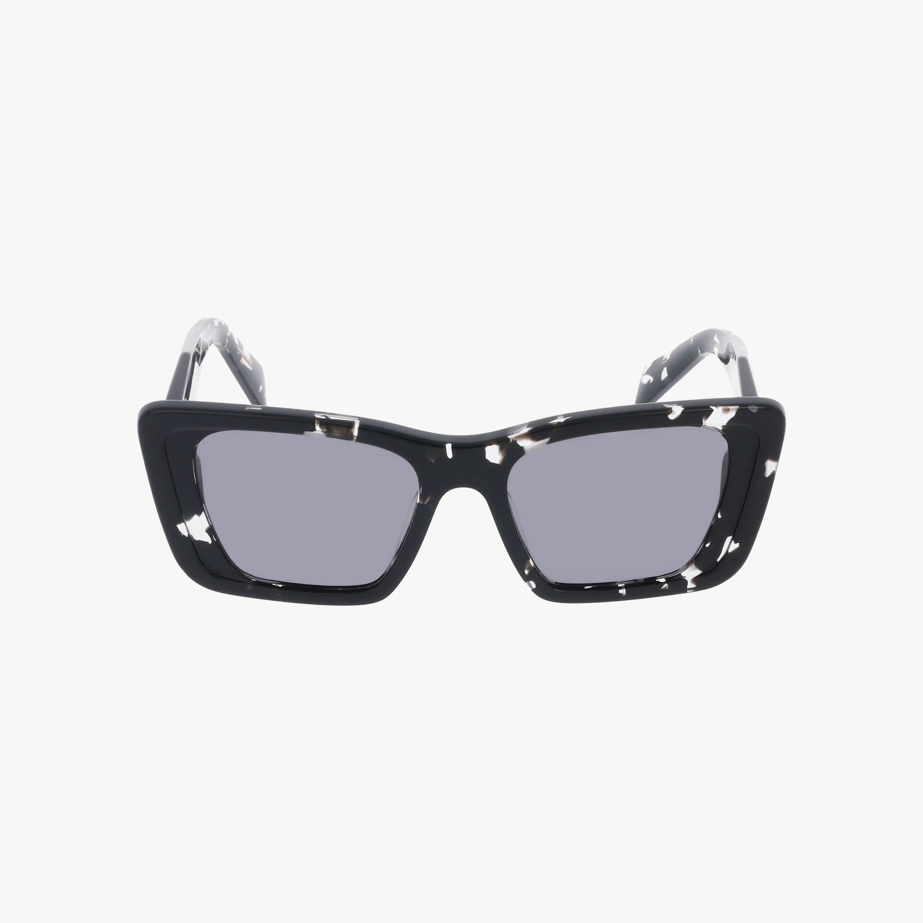 PR08YS cat-eye sunglasses feature thick black and white marbled frames with gray tinted lenses, perfect for your next outdoor adventure. Shop unique styles like these glasses online. Shown on a plain white background.