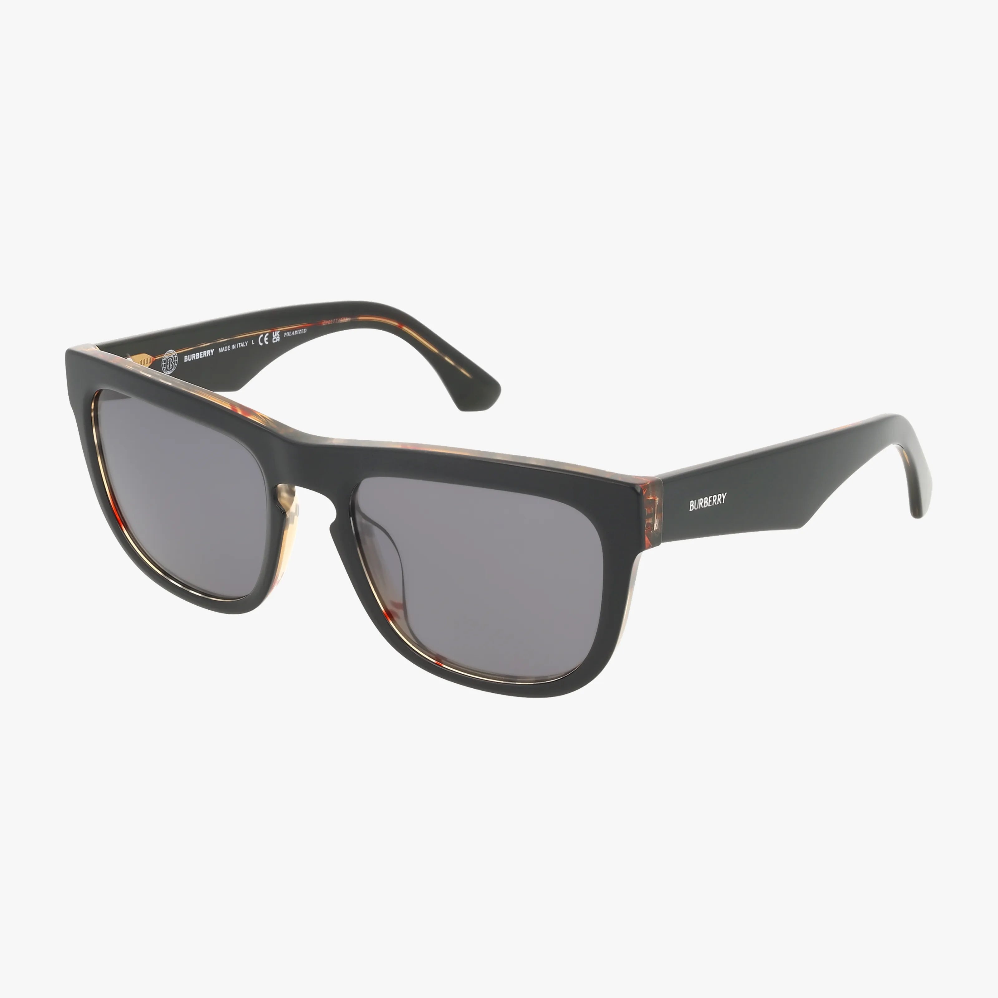 The BE4431U sunglasses feature a black rectangular shape, lightweight frame, dark tinted lenses, and a subtle Burberry logo on the arms, displayed against a white background.