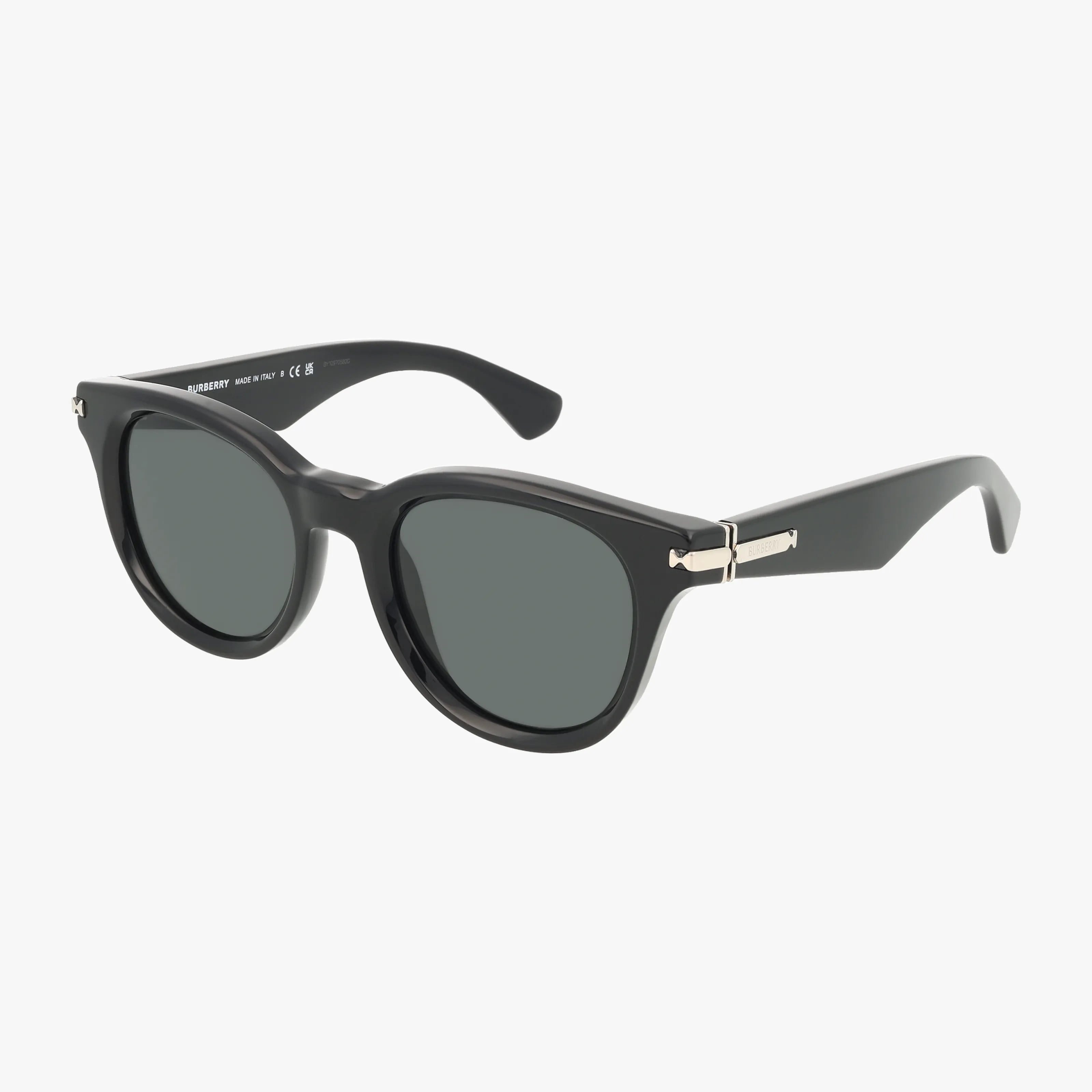 The BE4439 sunglasses feature black round frames, dark lenses, subtle metallic temple accents, and UV protection—perfect for upgrading your outdoor look. Shown on a white background.