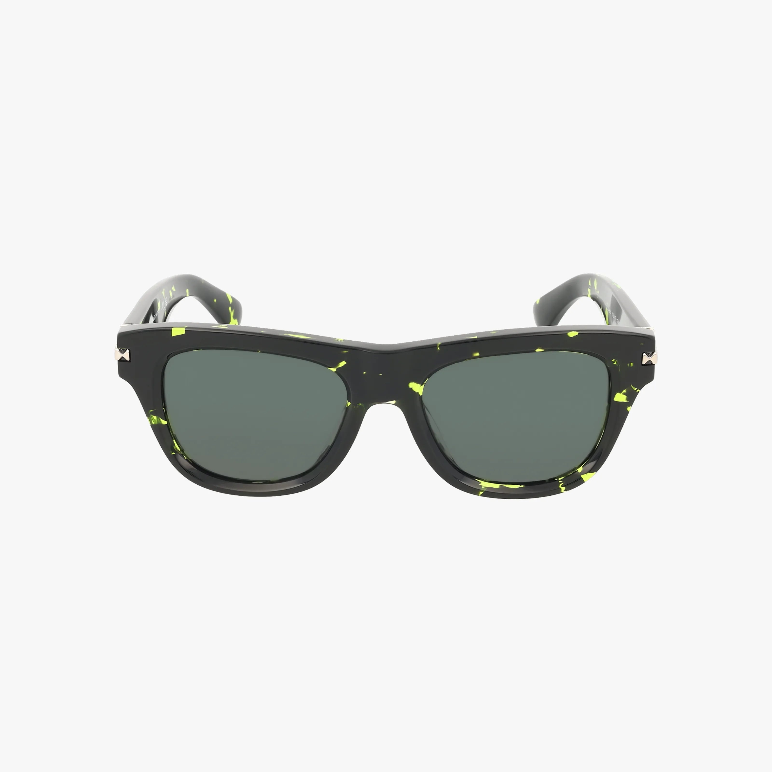 Front view of BE4438U black sunglasses featuring a green speckled frame and dark tinted lenses, ideal for outdoor adventures, displayed on a plain white background.