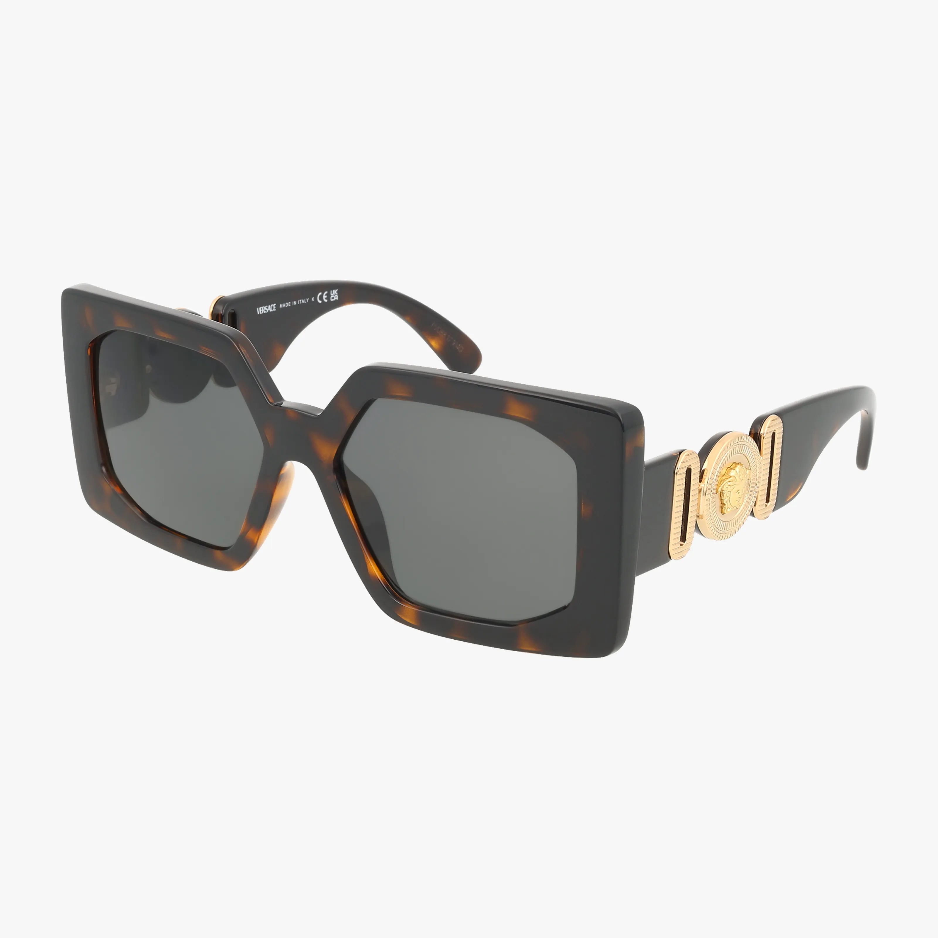 The VE4478U sunglasses feature a square, dark tortoiseshell frame with black lenses and gold Medusa emblems. Enjoy lasting quality and style—buy these durable glasses online for a seamless shopping experience.