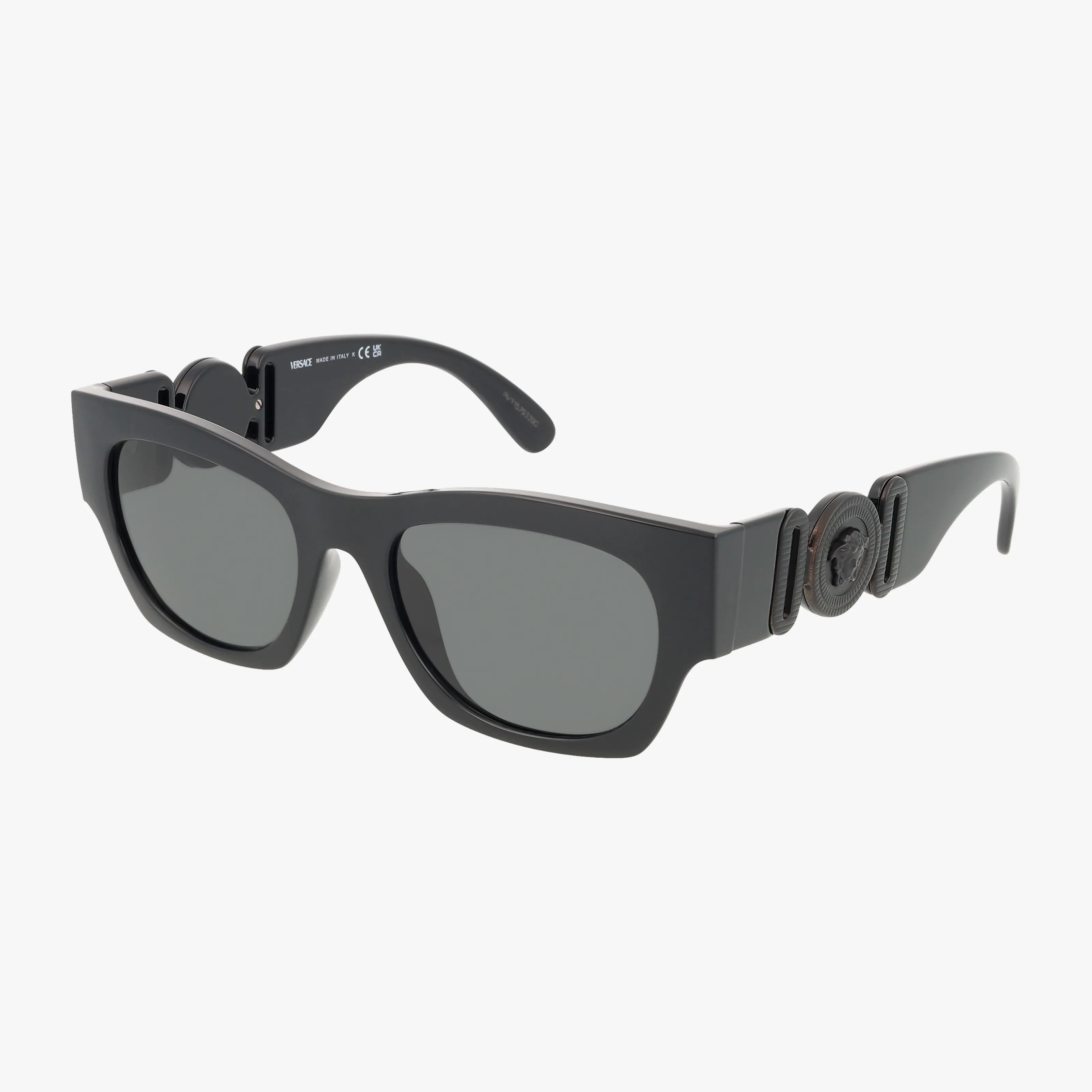 The VE4479U features black rectangular sunglasses with thick frames, dark lenses, and a circular Medusa head logo on the temples—ideal for stylish outdoor elegance and clear vision.