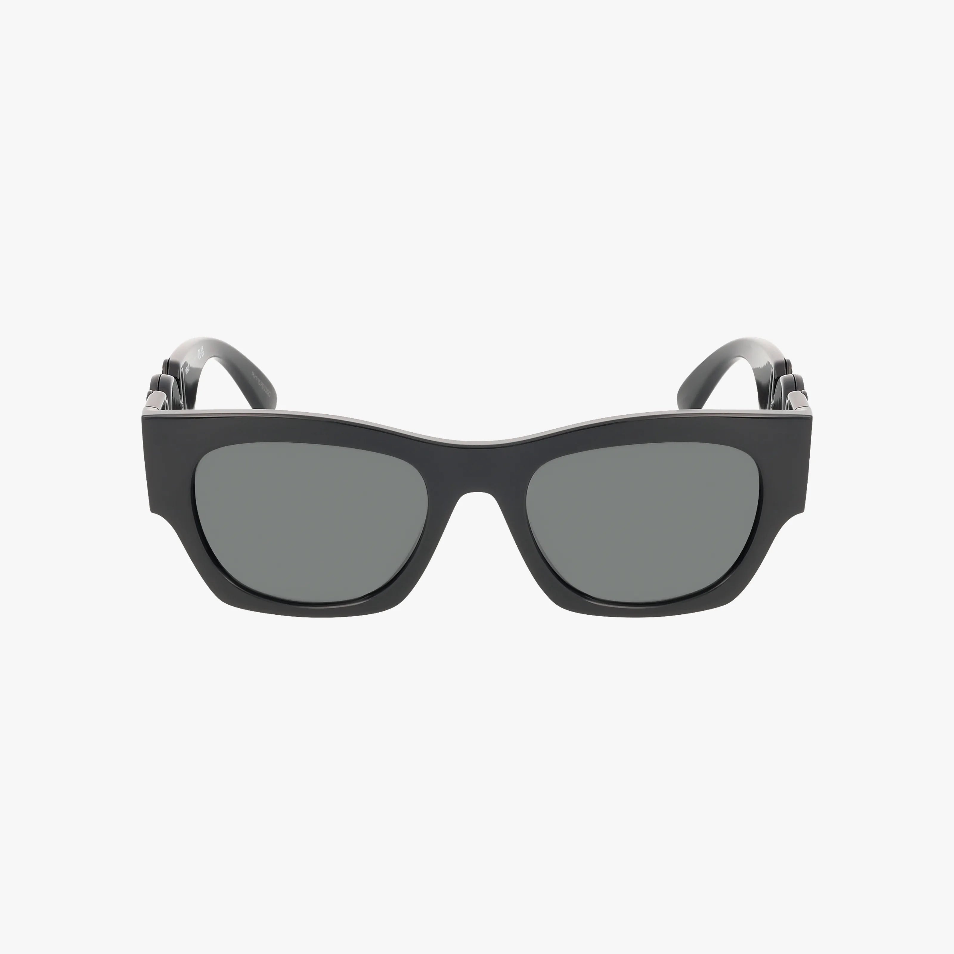 Front view of VE4479U black rectangular sunglasses with thick frames and dark tinted lenses, combining outdoor elegance and vision benefits, displayed on a plain white background.