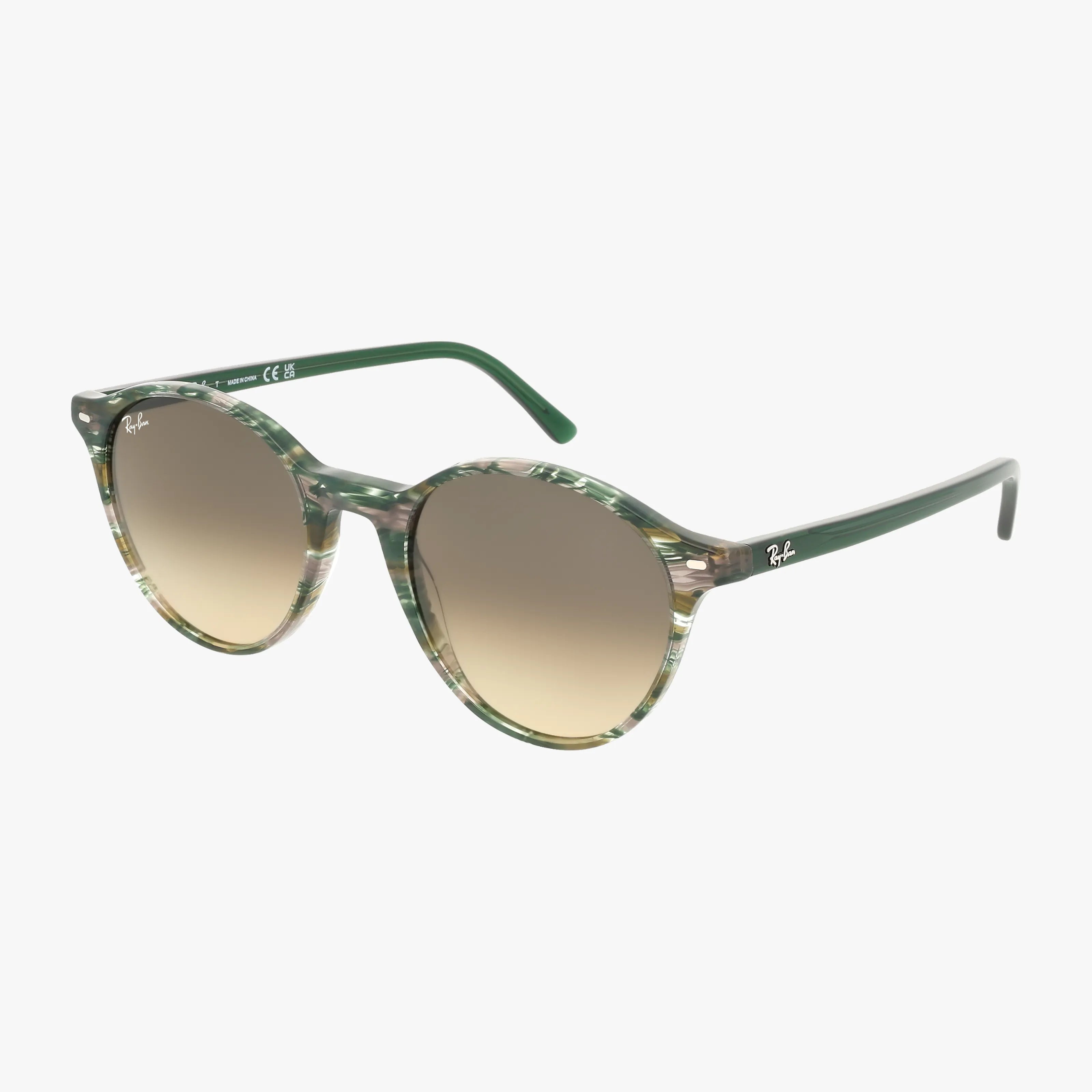 The RB2230 BERNARD sunglasses feature green round frames and gradient brown lenses, accented by the Ray-Ban logo on the right lens and both temples. Perfect for outdoor adventures, displayed against a plain white background.