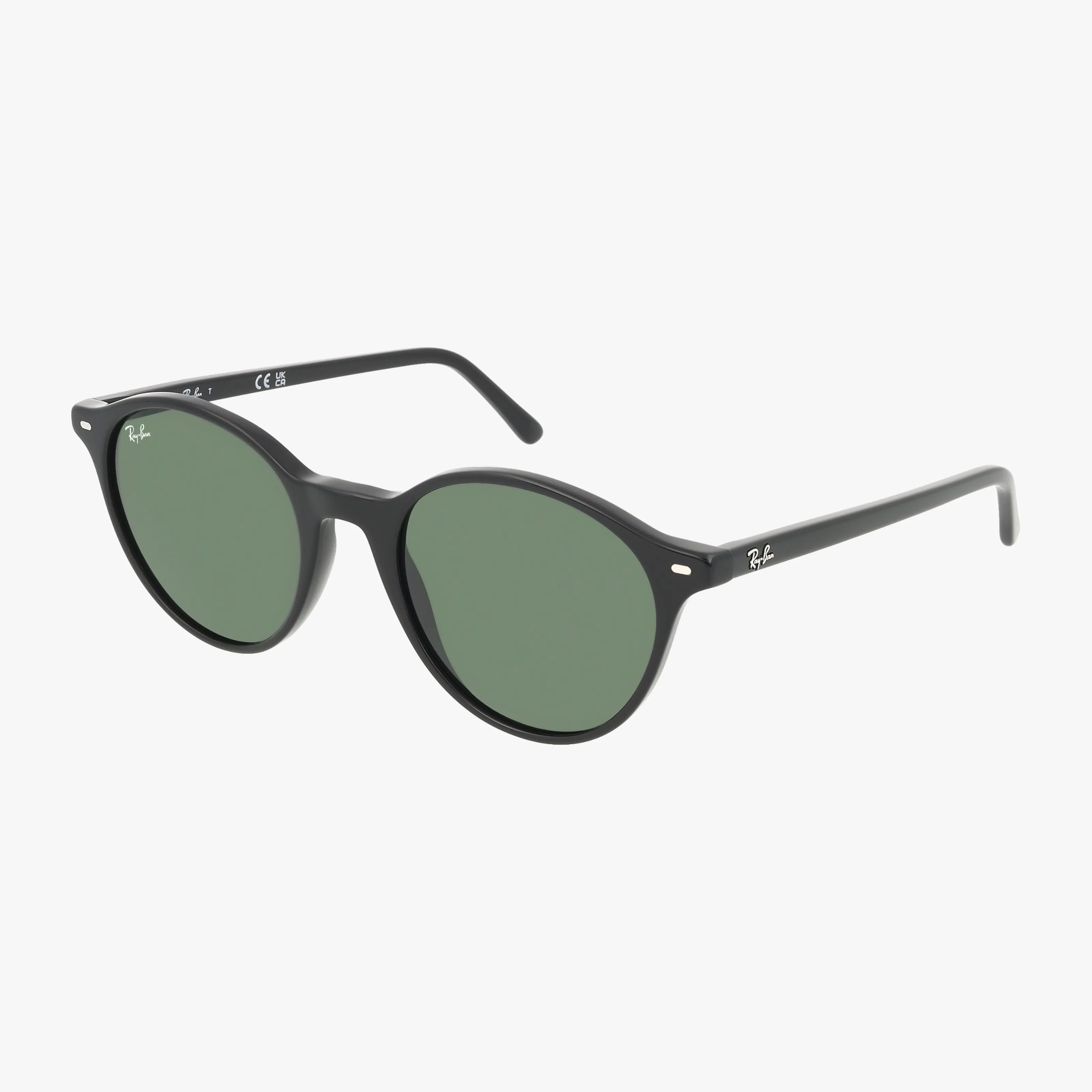 RB2230 BERNARD black round Ray-Ban sunglasses with green lenses, ideal for outdoor adventure, shown from a front-left angle on a white background.