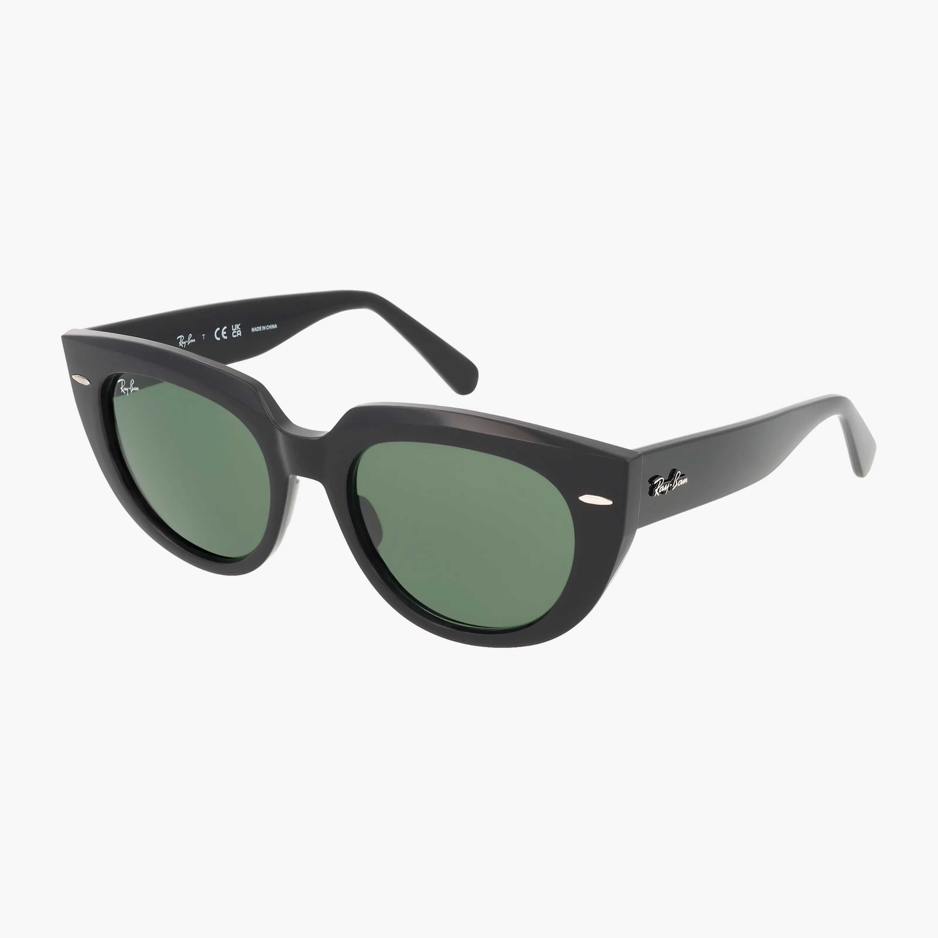 RB2286 DOREEN black cat-eye Ray-Ban sunglasses with green lenses shown on a white background. The Ray-Ban logo appears on the right lens and temples—ideal for anyone buying glasses online who values durable style.