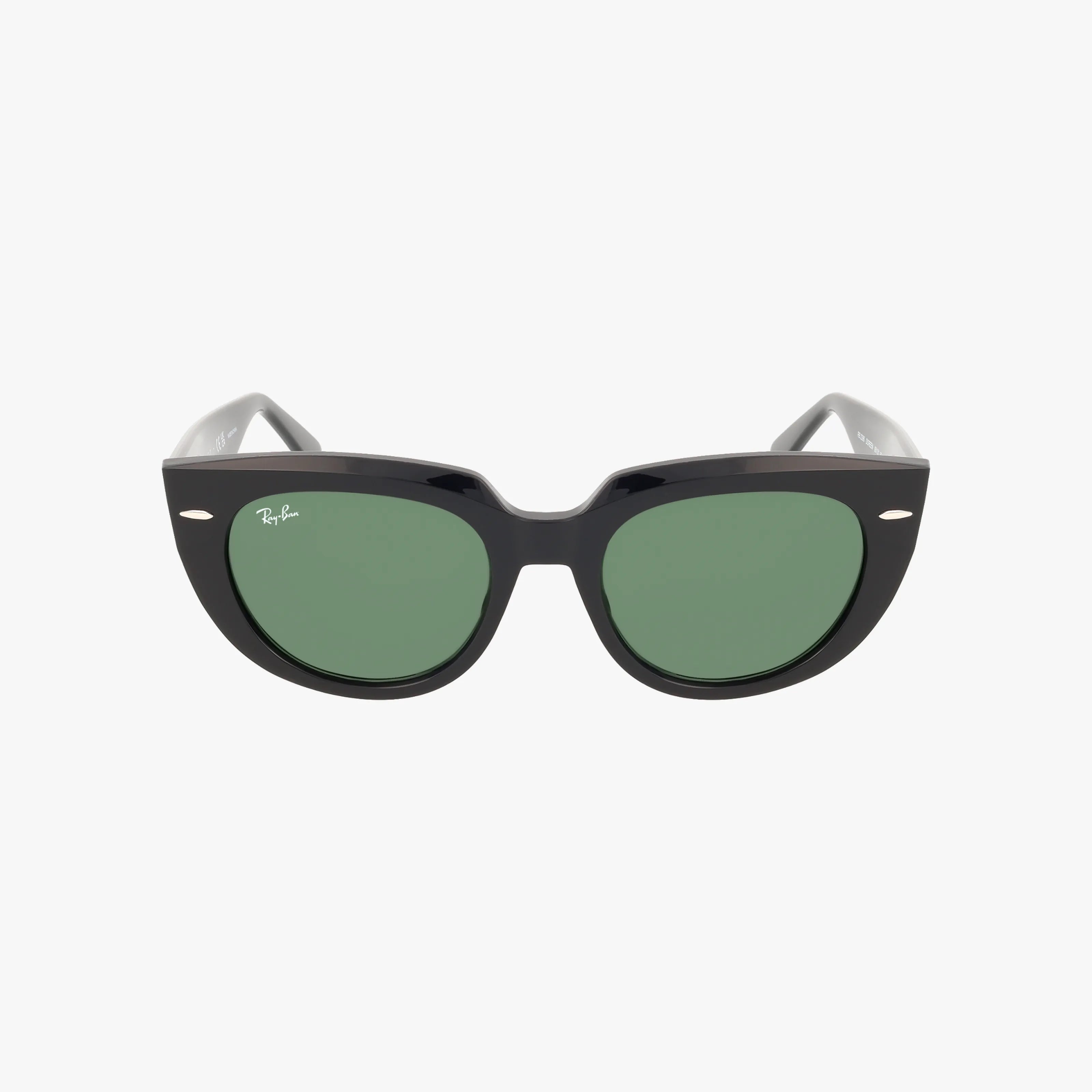 The RB2286 DOREEN sunglasses combine a sleek black cat-eye frame, dark green lenses, subtle silver accents, and a white logo for a stylish look. Displayed on a plain white background, they’re an ideal choice for anyone shopping glasses online.