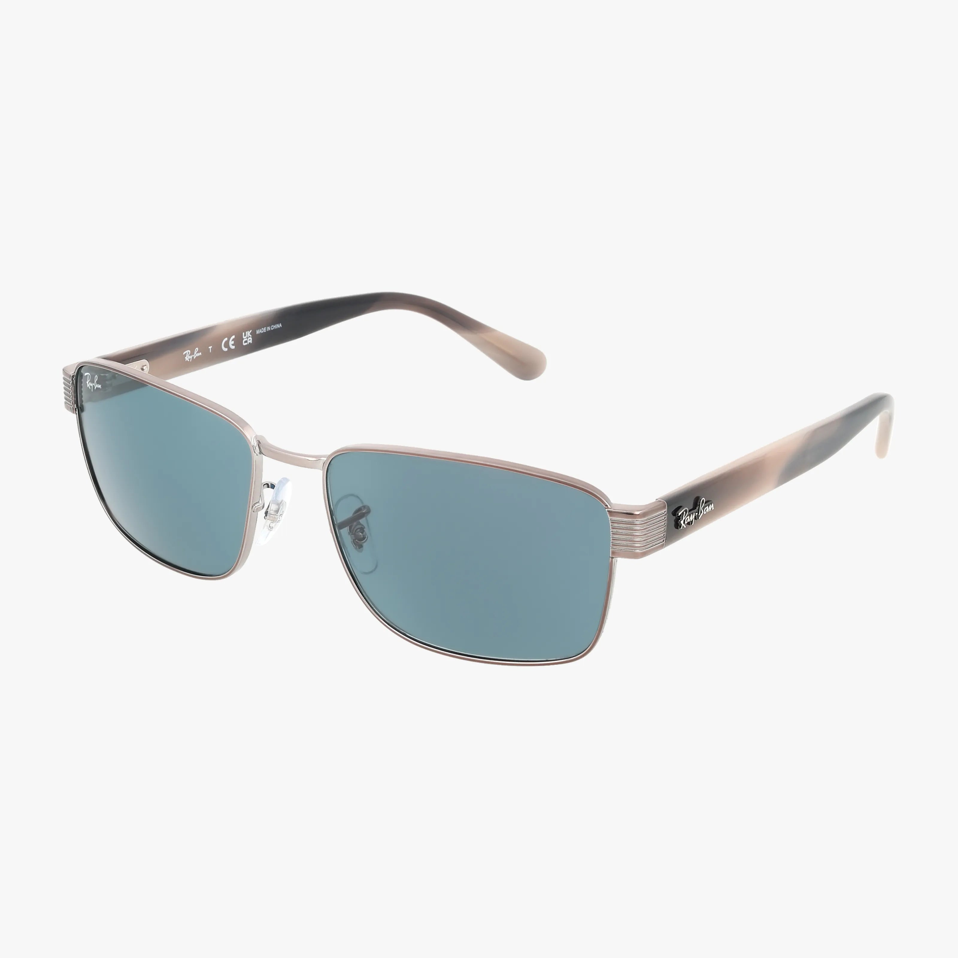 The RB3750 classic sunglasses feature rectangular blue-tinted lenses, a stylish lightweight frame, and brown gradient arms. The Ray-Ban logo appears on the left lens and arm. Shown against a white background.