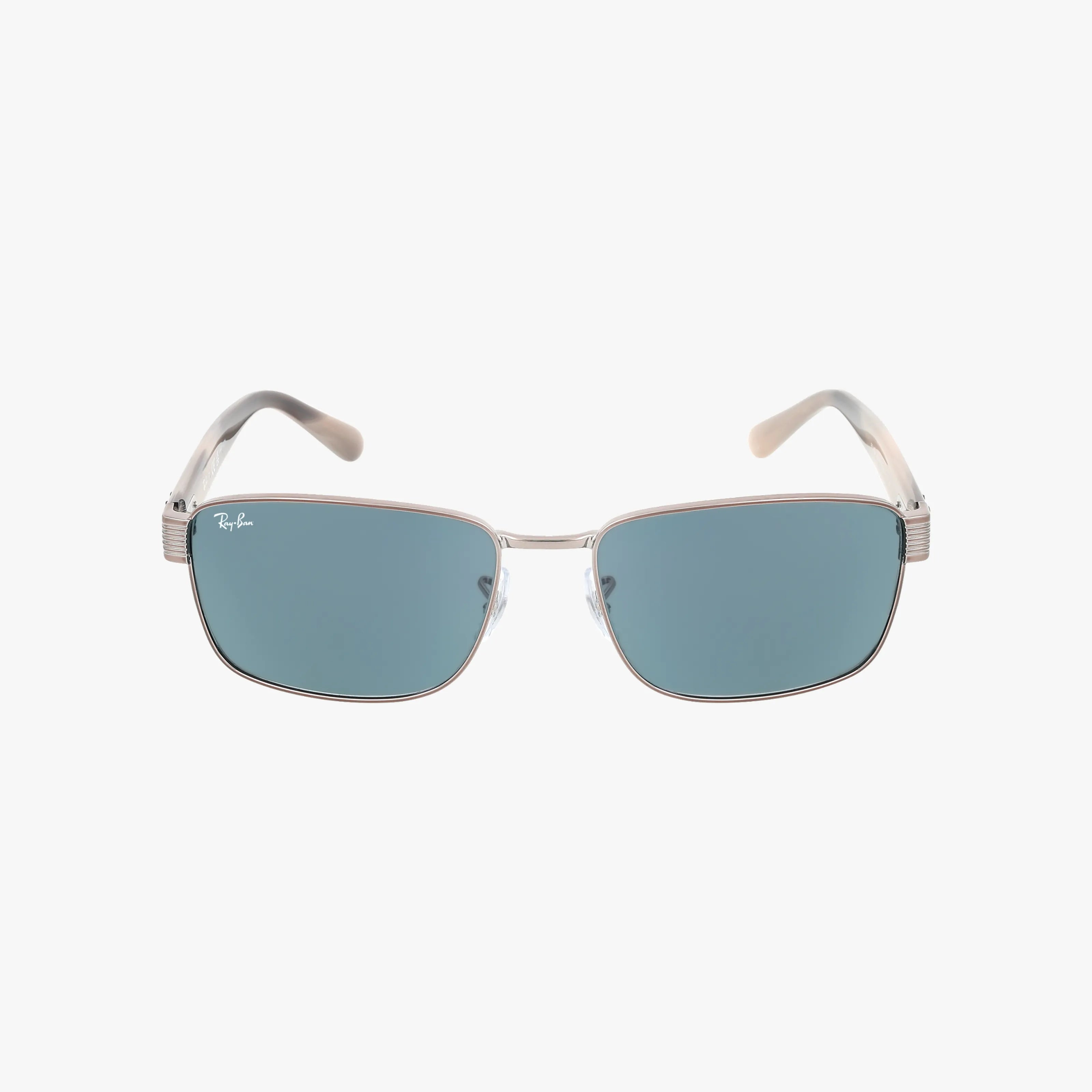 RB3750 sunglasses feature rectangular blue-tinted lenses and stylish silver metal frames, with the Ray-Ban logo on the top left lens. Lightweight frames and slim, curved arms offer comfort, making these classic sunglasses stand out against a white background.