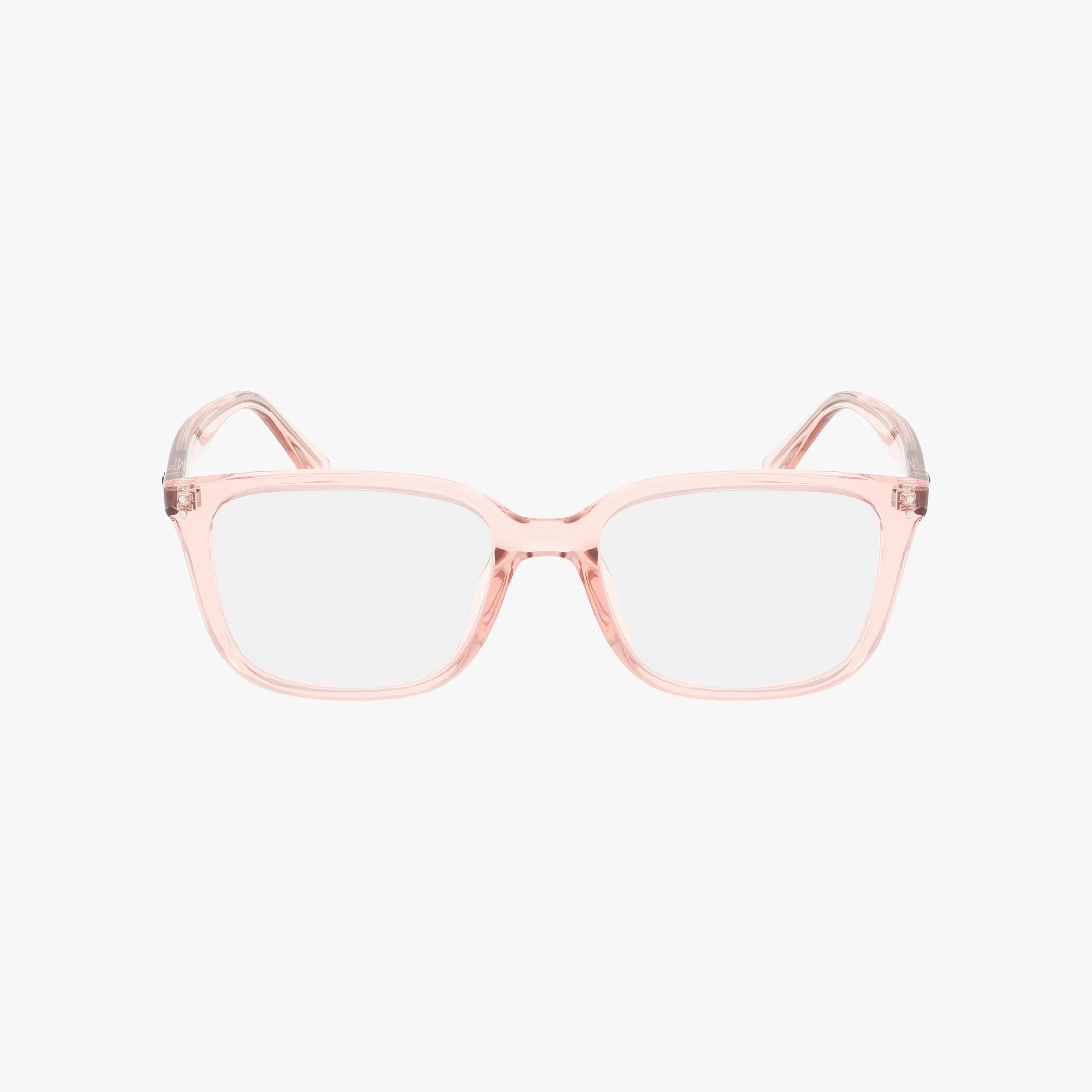 Clear, front-facing image of RX7248D eyeglasses featuring a stylish translucent pink rectangular frame made from modern materials and clear lenses, displayed on a white background.