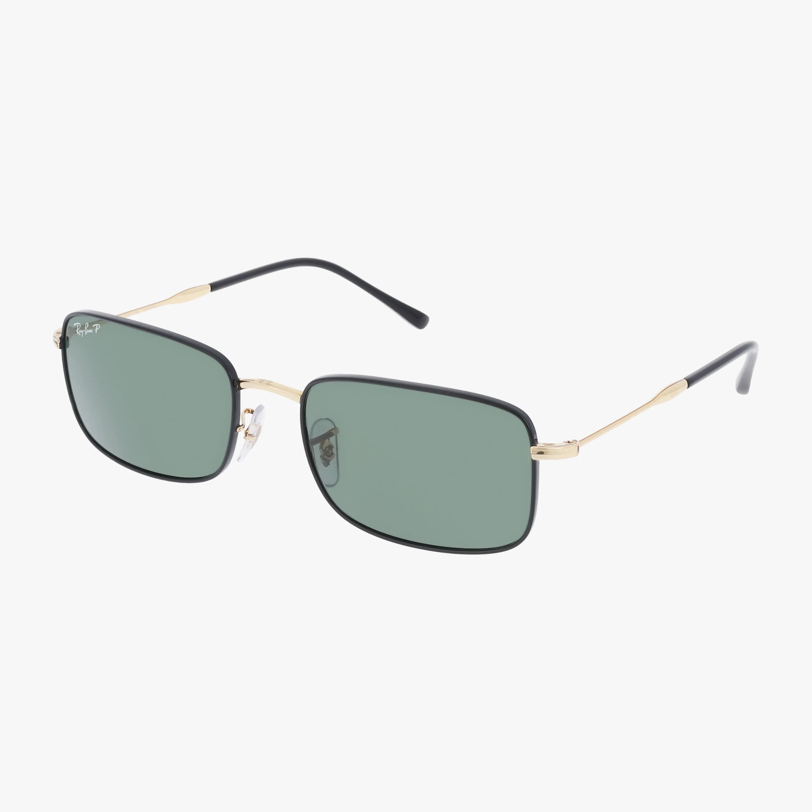 The RB3746 features rectangular green lenses, thin gold frames, and black temple tips for outdoor elegance and visual benefits, shown on a white background.