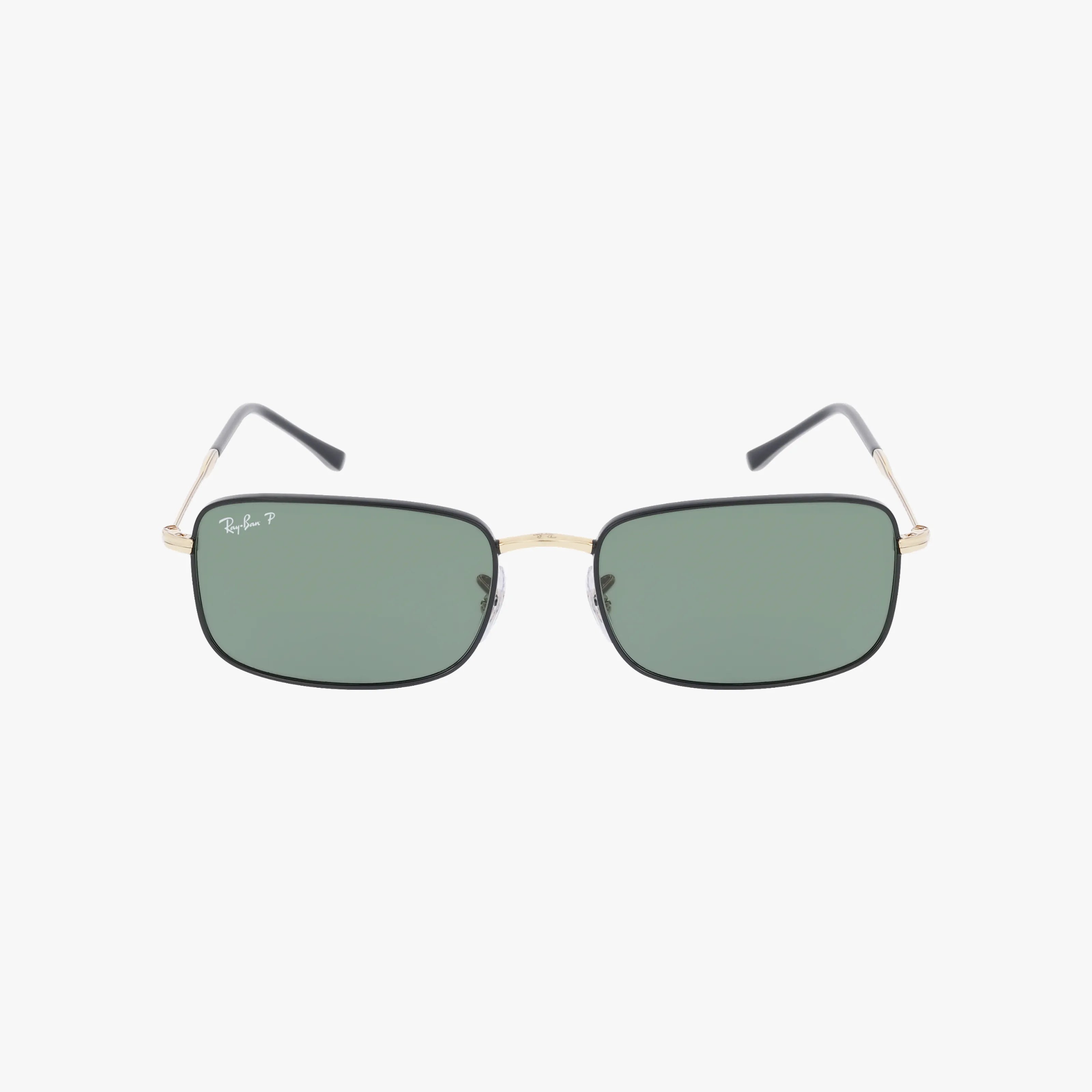 Front view of Ray-Ban RB3746 sunglasses featuring rectangular green lenses, a thin gold metal frame, and black ear tips. The Ray-Ban logo is displayed on the left lens, adding an elegant touch perfect for outdoor wear.