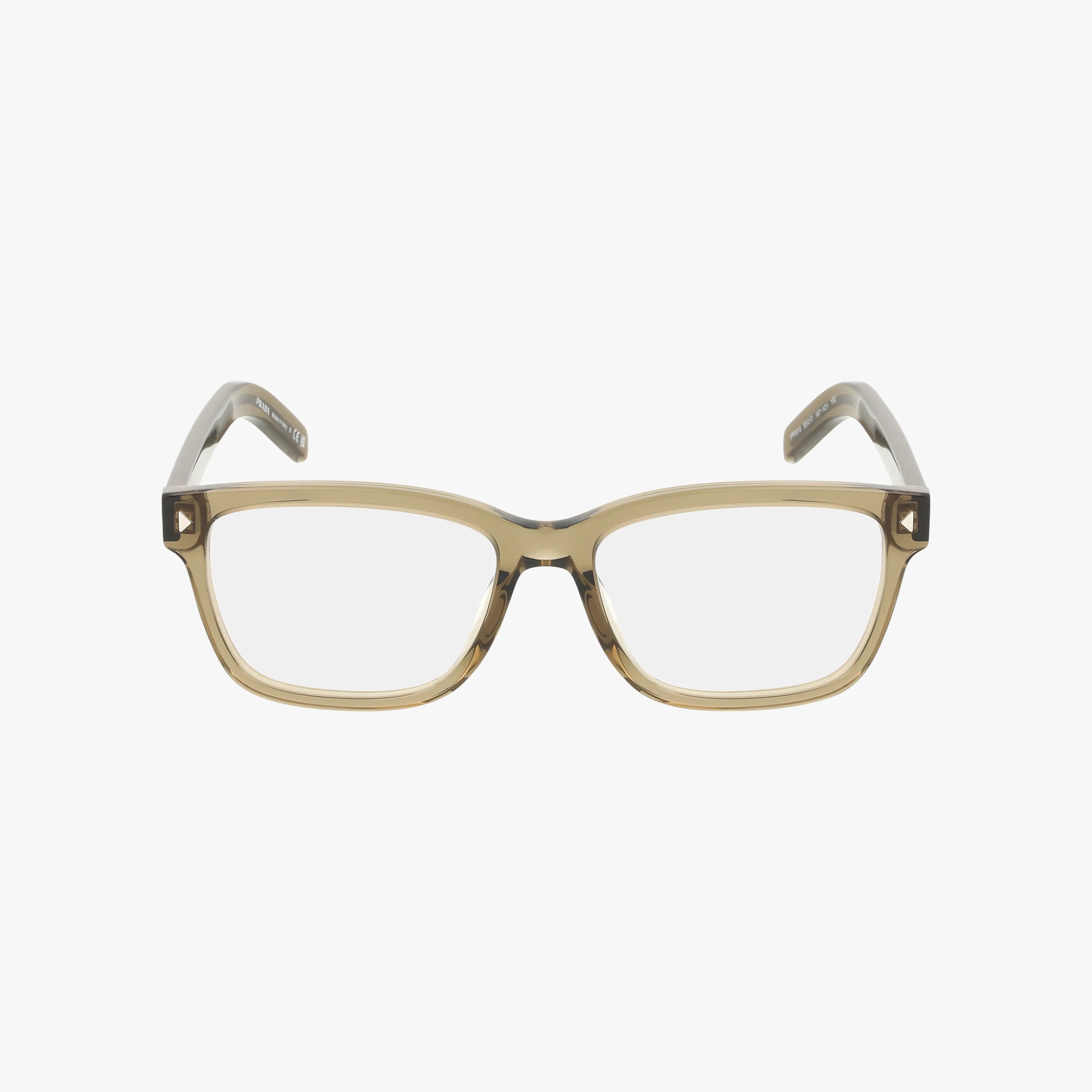 Front view of PR B10V rectangular eyeglasses designed for daily use, with translucent light brown modern frames and clear lenses, displayed against a plain white background.