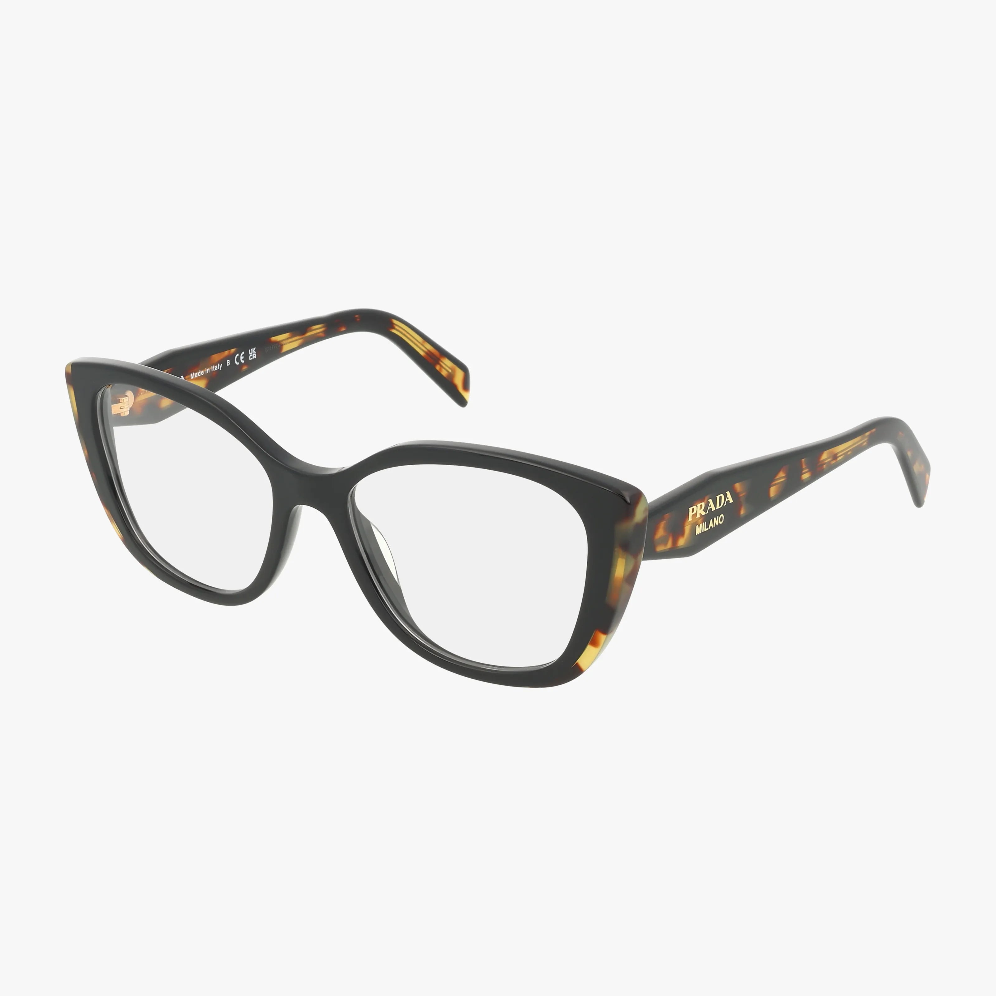 The PRB04V eyeglasses feature thick, black and tortoiseshell cat-eye frames for a bold look, displayed on a white background.