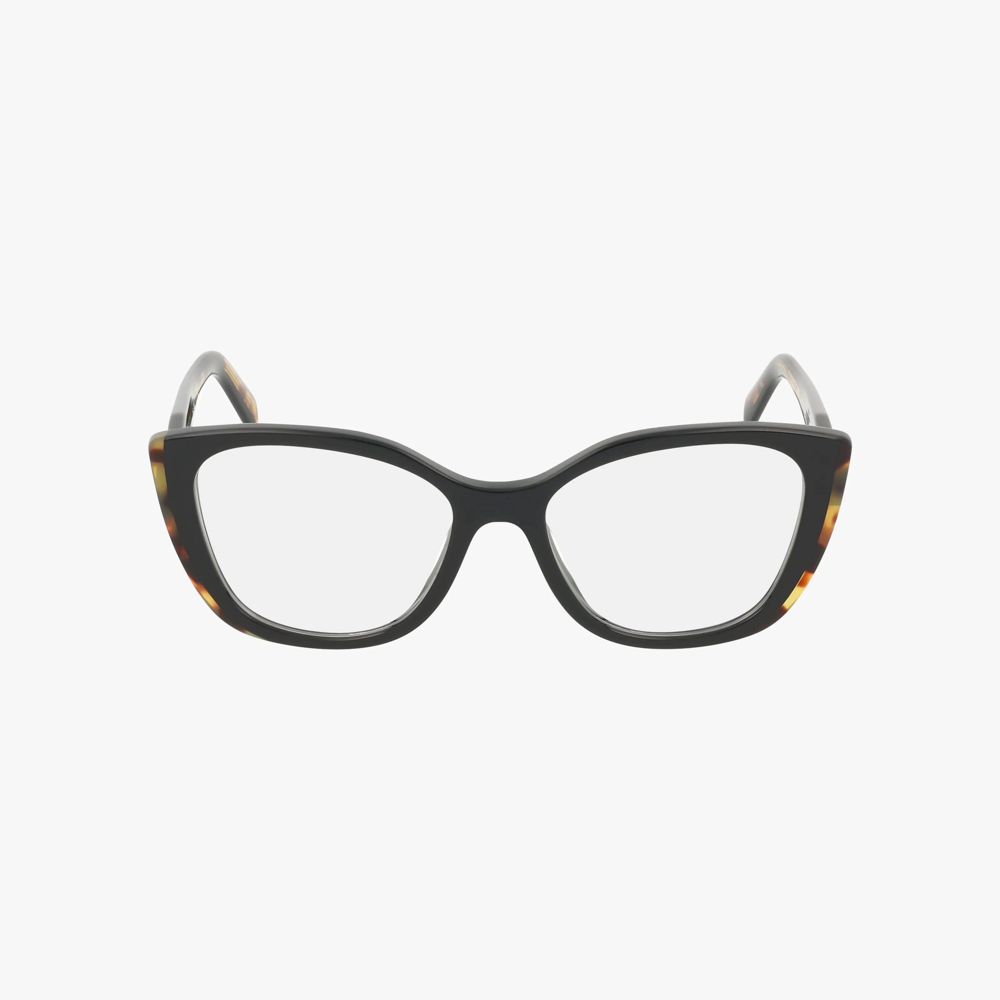 The PRB04V eyeglasses feature a black cat-eye design with a slightly thick frame and subtle tortoiseshell accents on the edges, displayed against a plain white background.