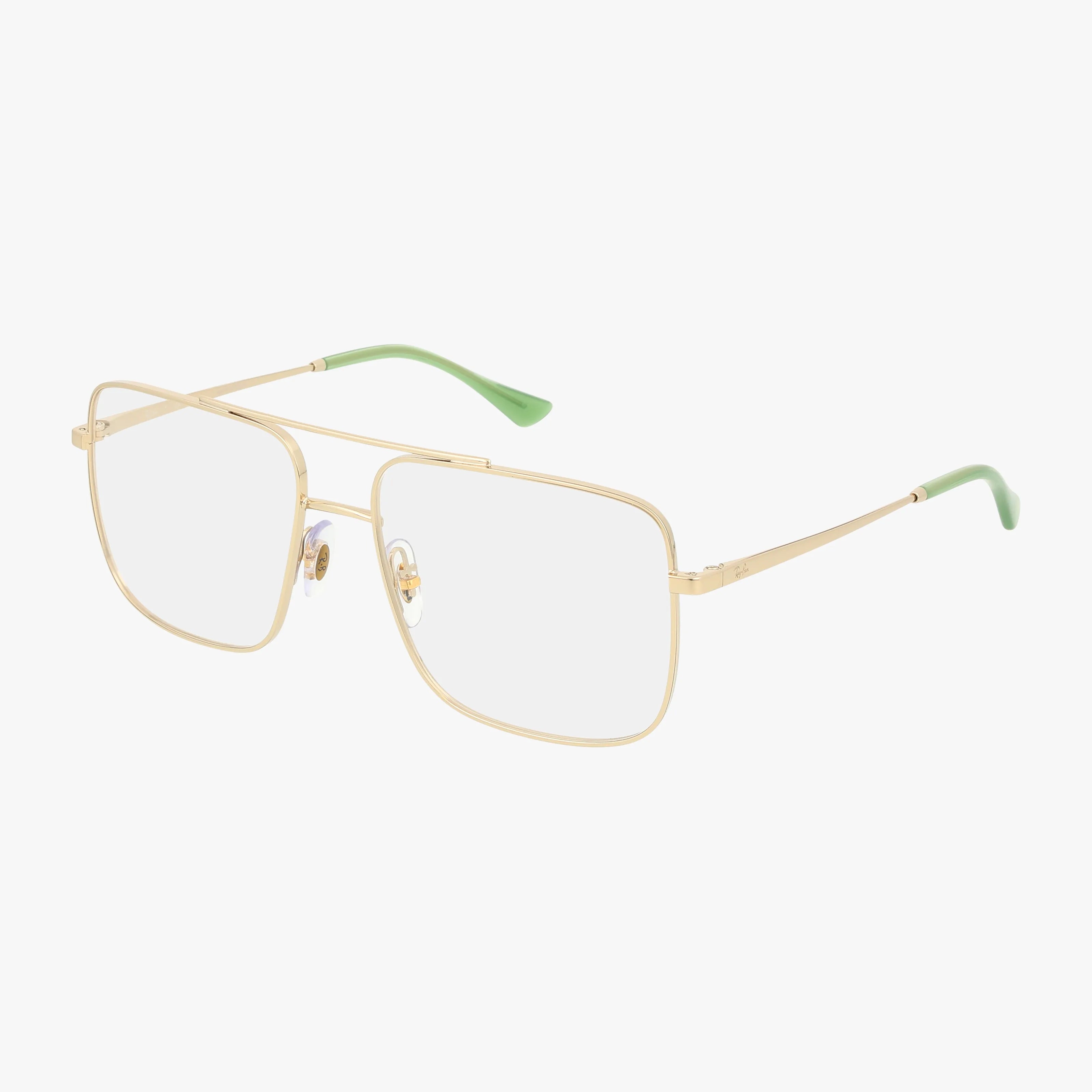 The RX3758V features gold wireframe eyewear with large rectangular lenses and green temple tips, offering a versatile frame for prescription lenses, shown on a white background.