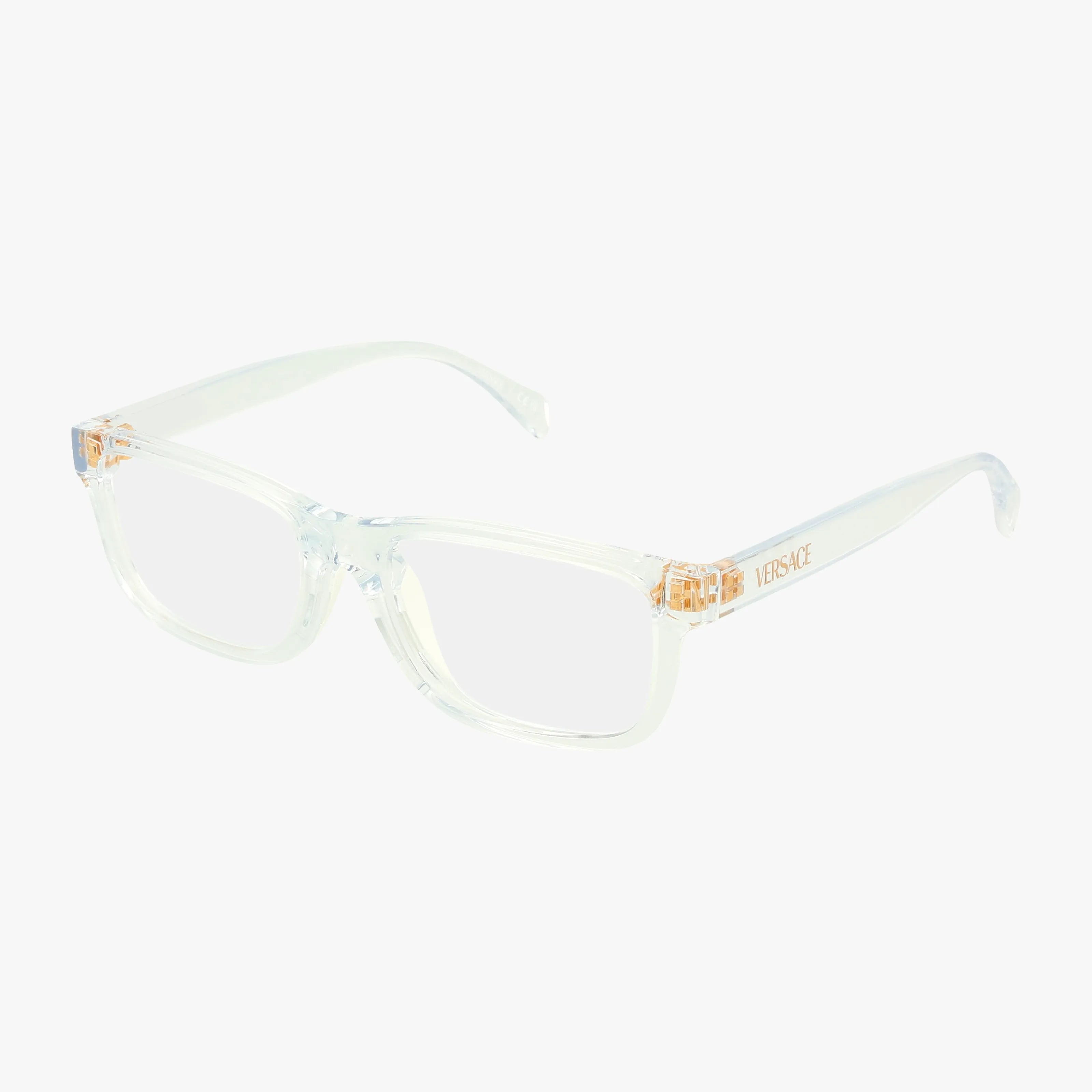 Rectangular VK3013U eyeglasses with clear transparent frames and slightly thick arms. A gold VERSACE logo accents the right arm near the hinge. Perfect for a sharp, smart look at school or on the go. Shown on a white background.
