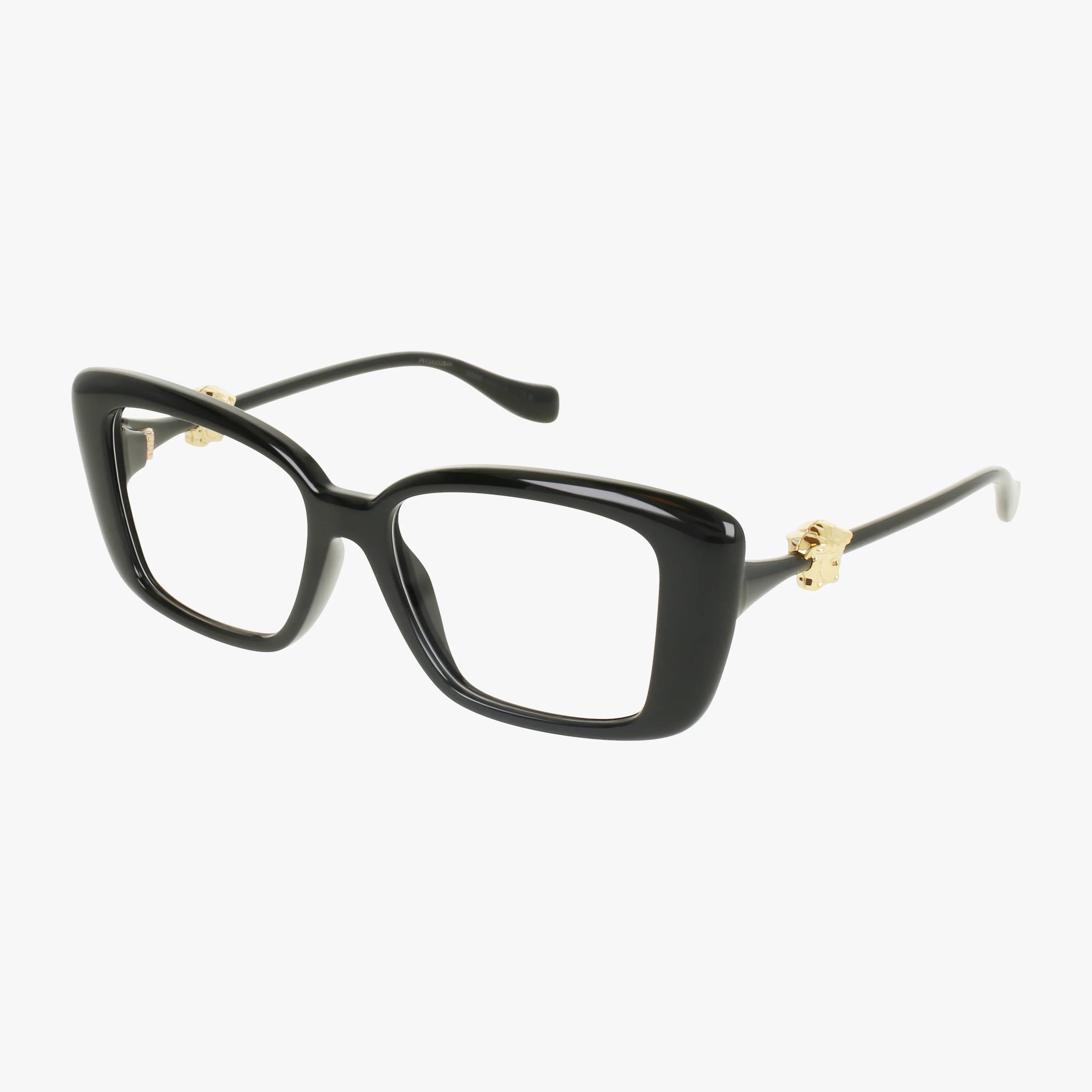 The VE3385U features black rectangular eyeglasses with thick frames and gold-accented hinges, combining distinct style and functional design, displayed on a plain white background.