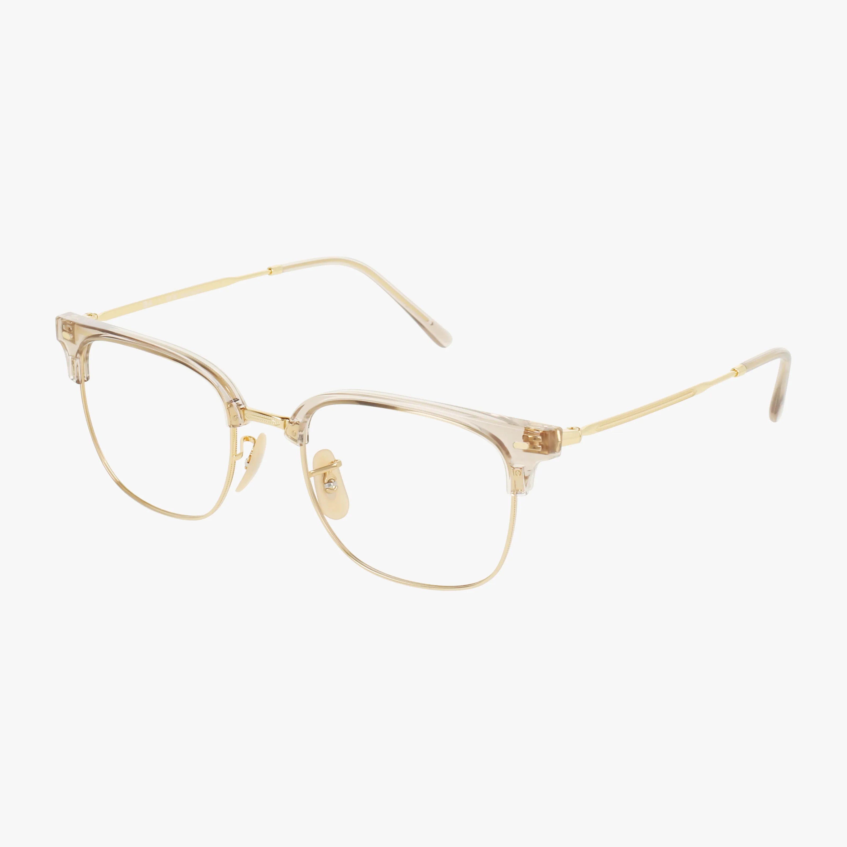 The RX7216 eyeglasses have clear frames, gold metal temples, and clear nose pads. Shown on a white background, their sturdy build and square-shaped design make them perfect for progressive lenses.