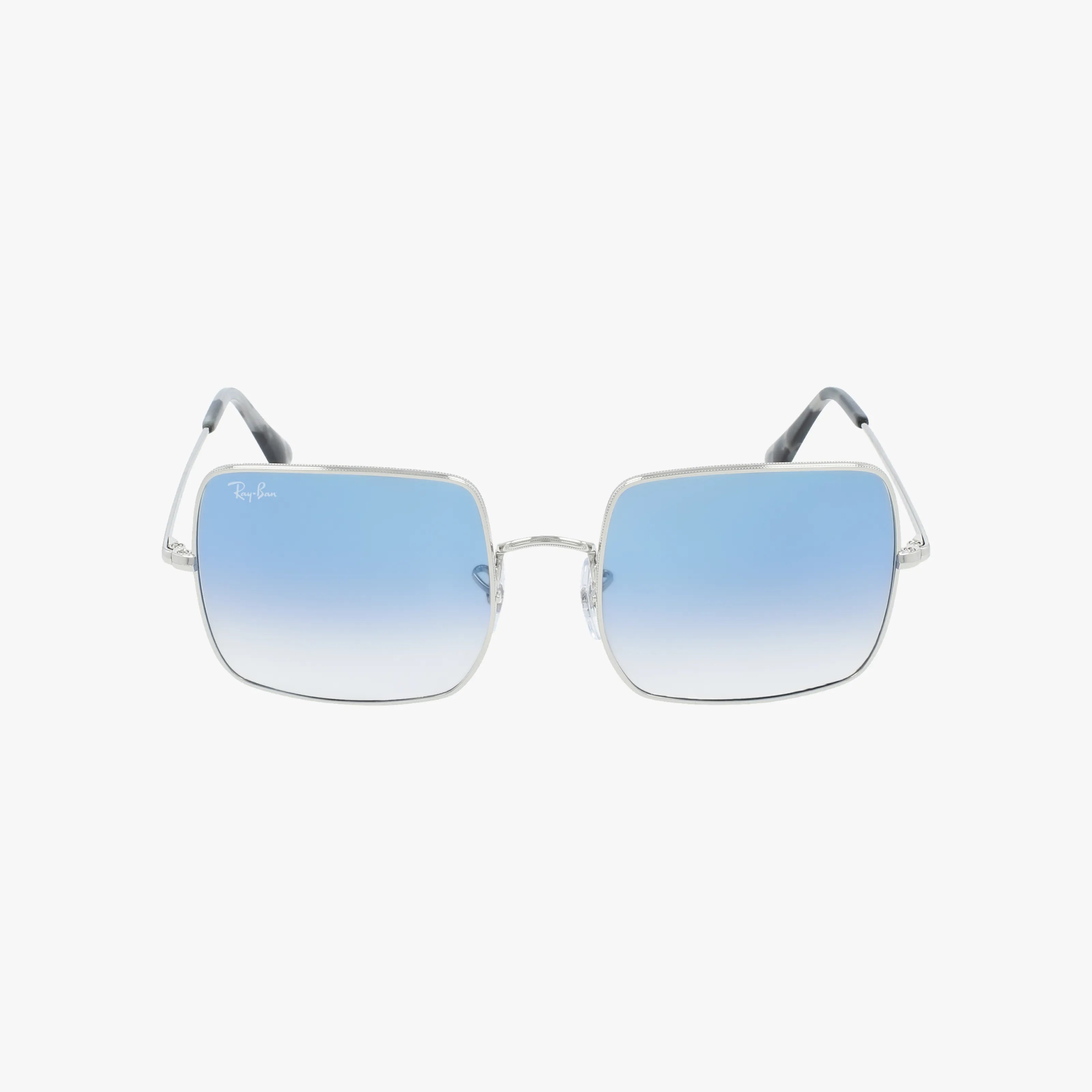 Front-facing view of RB1971 SQUARE silver square-frame Ray-Ban sunglasses with blue gradient lenses and thin arms. The Ray-Ban logo appears on the top left lens, giving these sunglasses a stylish and modern look.
