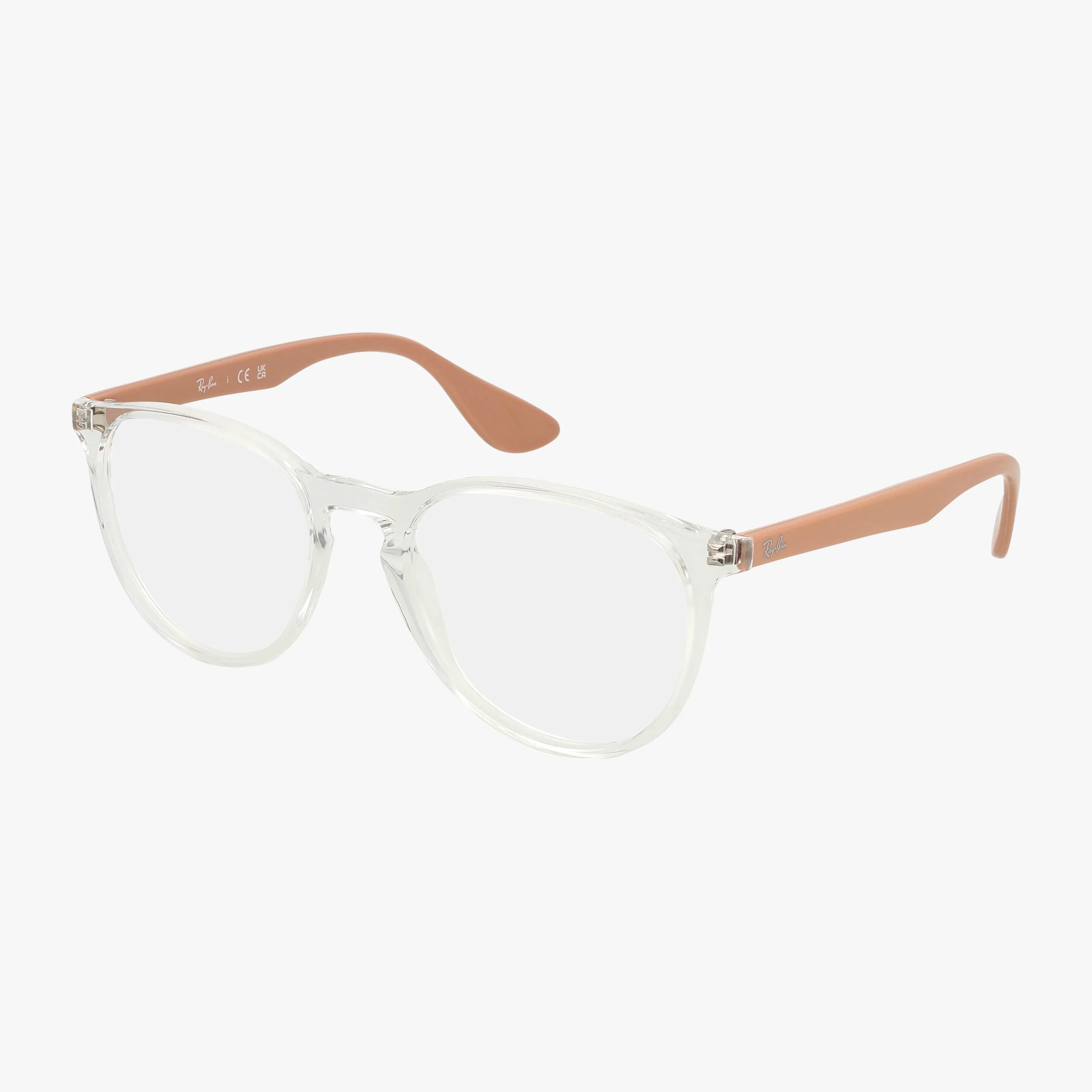 The RX7046 eyeglasses feature clear round frames with transparent fronts and light brown arms, displayed at an angle against a white background.