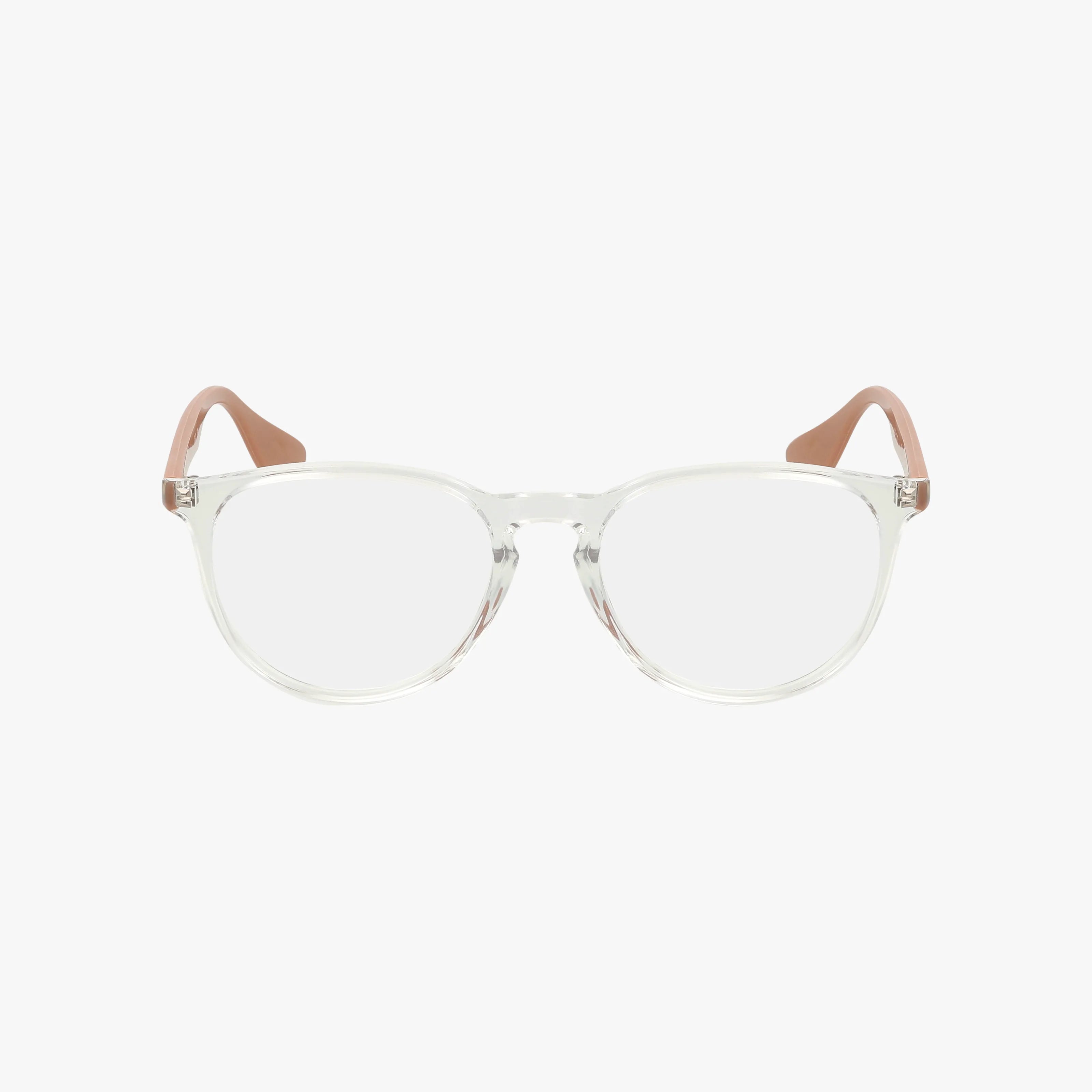 The RX7046 clear eyeglasses feature round lenses, transparent frames, and light pink temple tips, offering a distinctive design for bold eyewear lovers. Displayed against a white background.