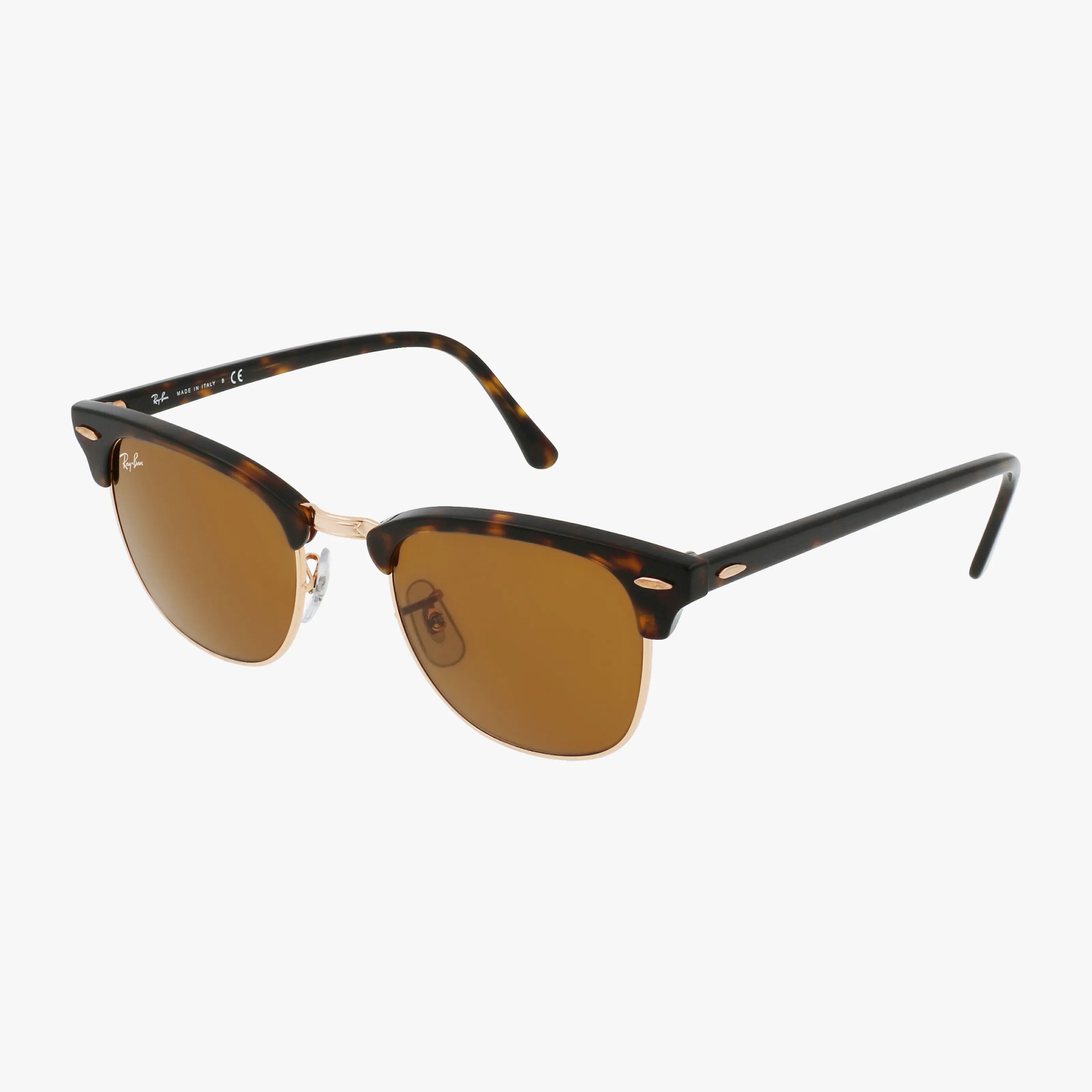 The RB3016 CLUBMASTER sunglasses feature brown lenses, a tortoiseshell frame with gold bridge accents, and slim straight arms. Shown on a white background, these stylish sunglasses offer premium lenses for superior comfort and clarity.