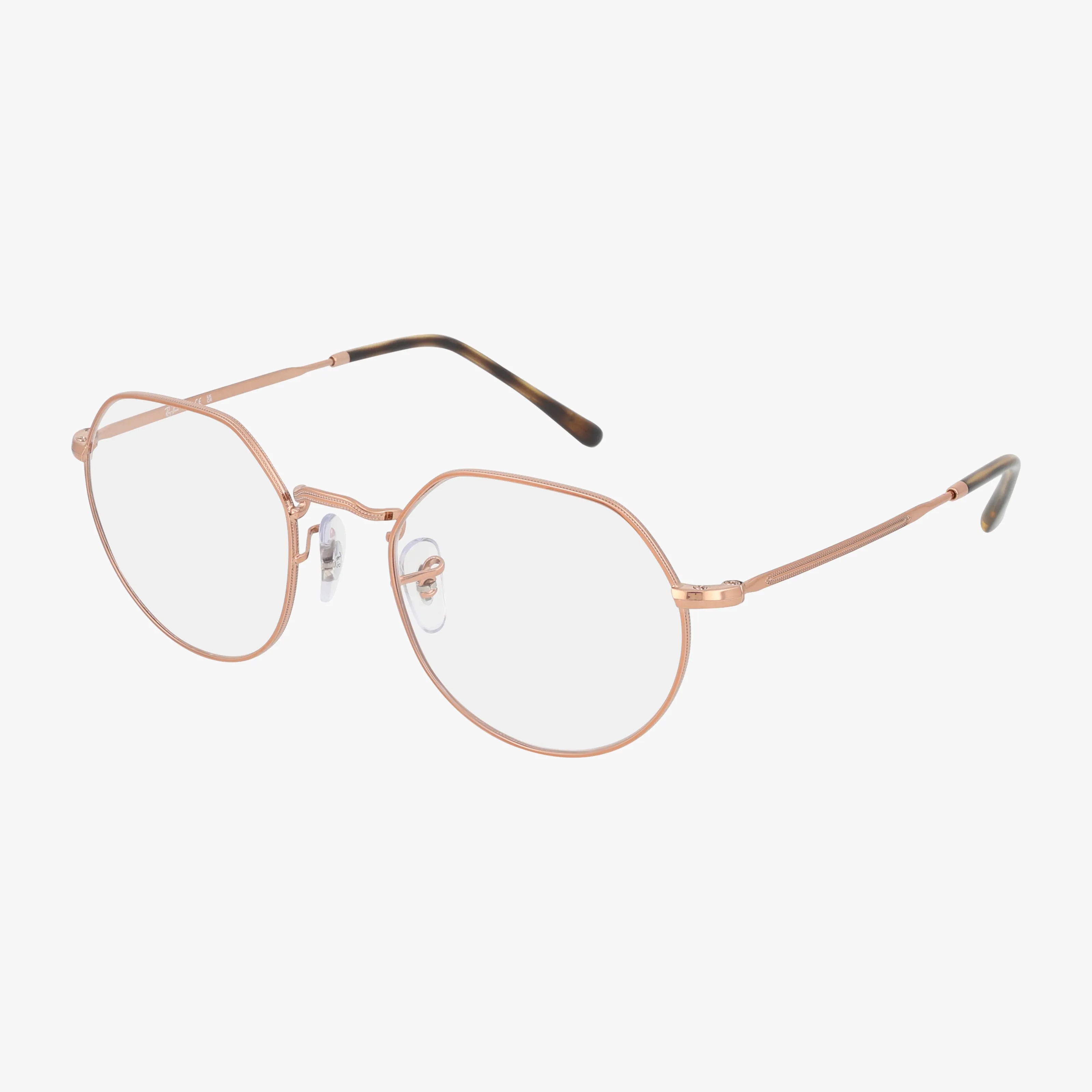 The RX6465 eyeglasses feature a round, thin gold metal frame with clear lenses and black-tipped temple arms, offering a modern tailored style. Shown on a white background.