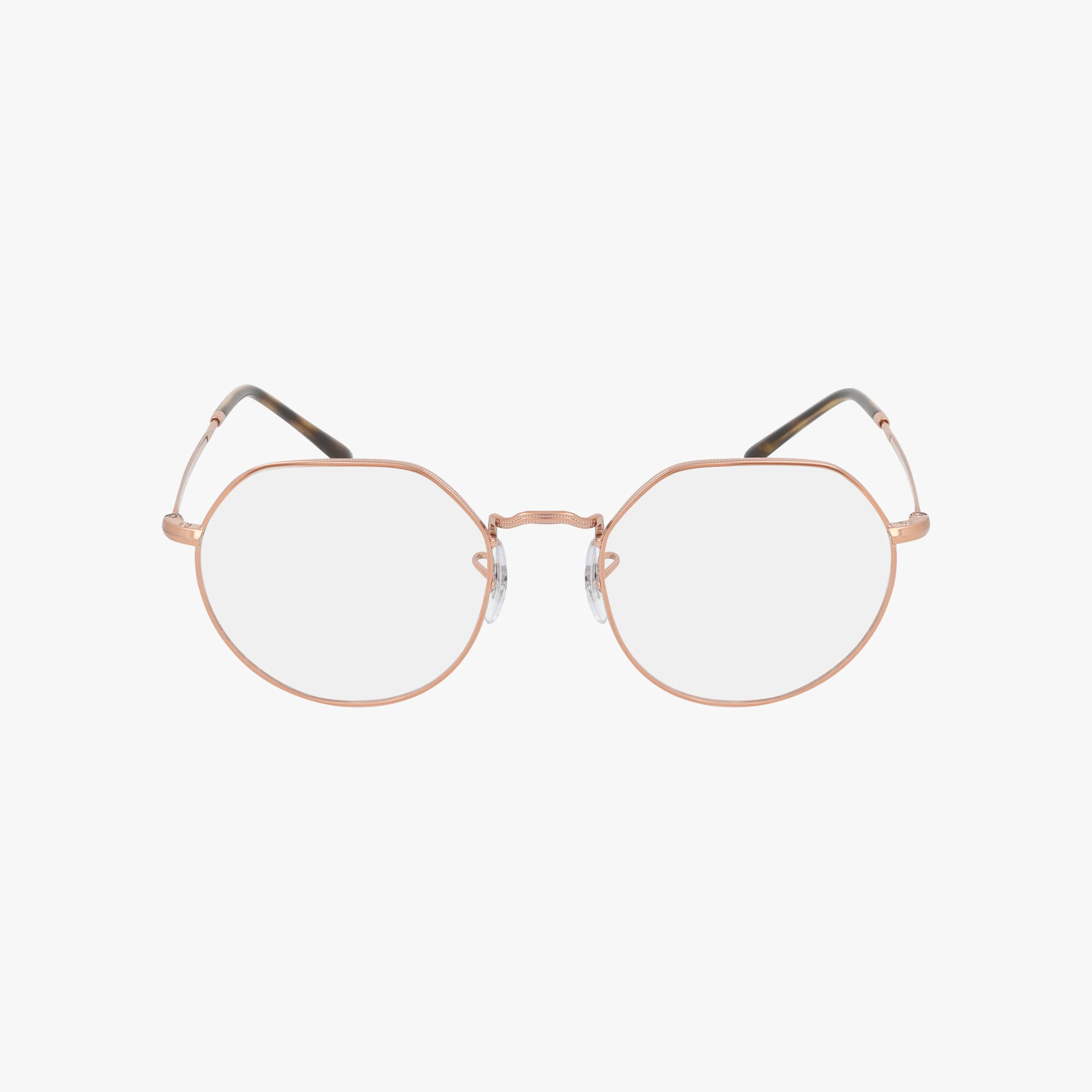 RX6465 gold wireframe eyeglasses feature clear lenses, a durable tailored frame, adjustable nose pads, and black-tipped arms, shown on a white background.