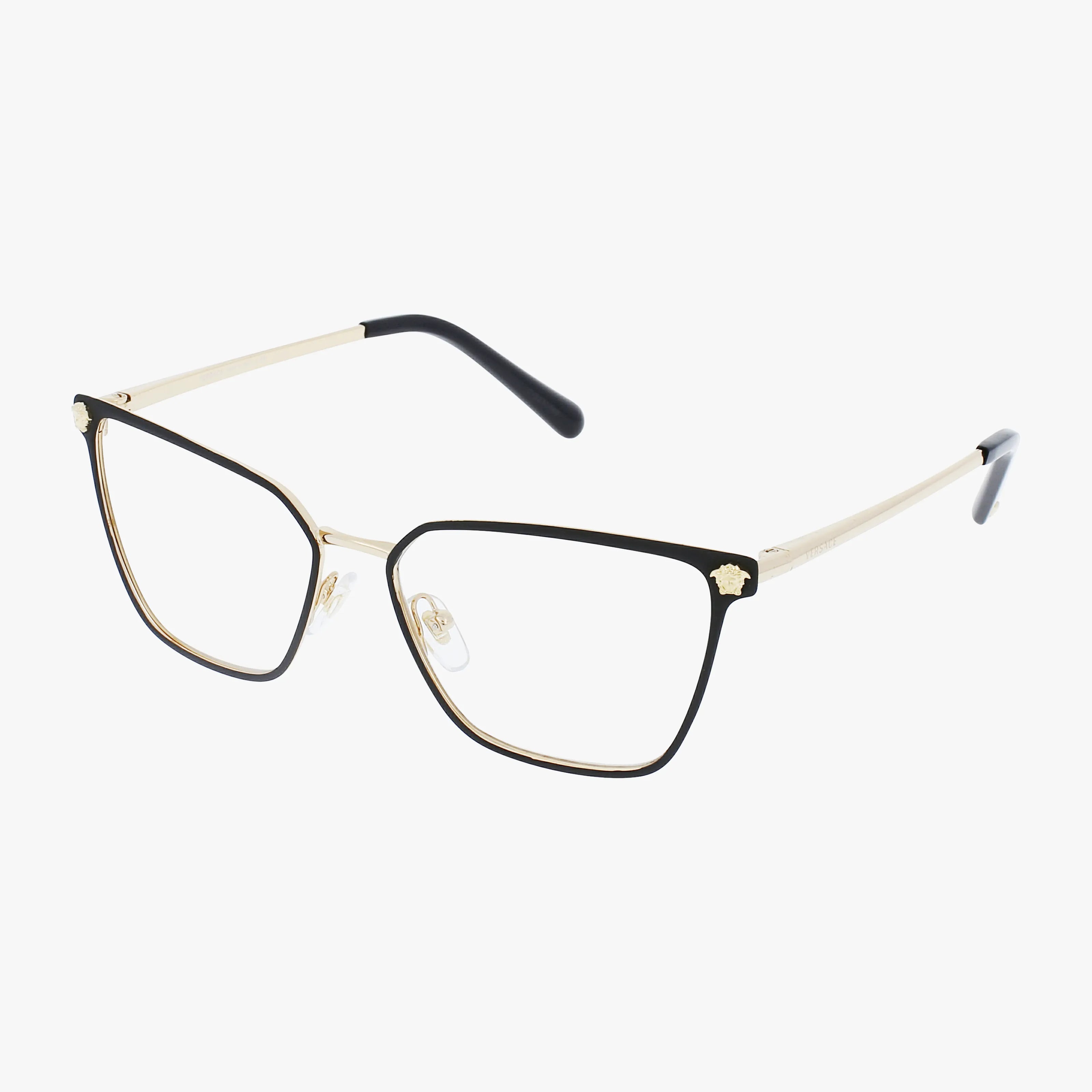 The VE1275 eyeglasses feature modern cat-eye frames with gold temples, clear nose pads, and black-tipped arms—perfect for prescription lenses and showcased against a white background.
