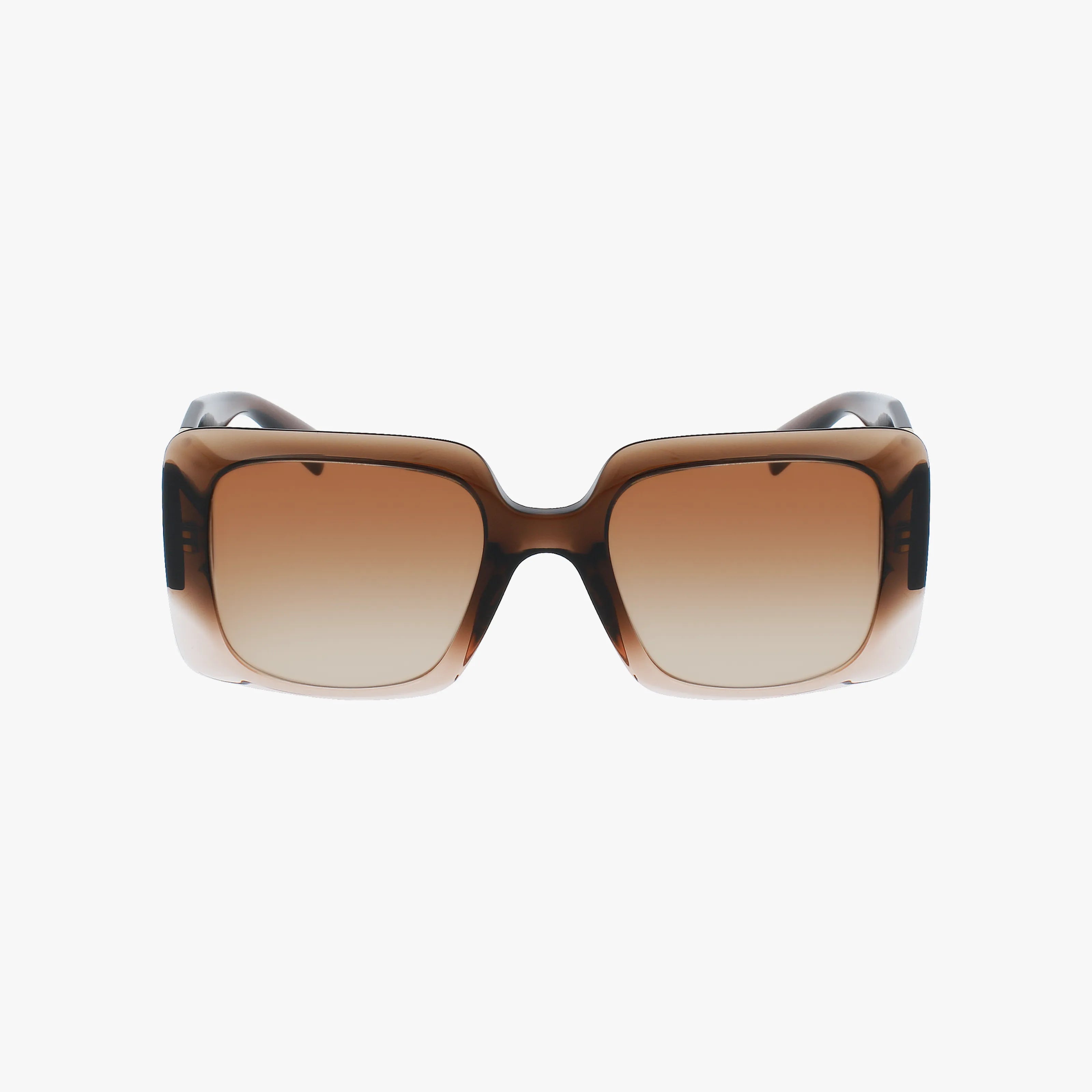 The VE4405 features square-shaped, oversized brown gradient lenses and a thick, glossy brown frame for stylish sun protection. Displayed facing forward on a white background, this chic eyewear adds flair to any look.