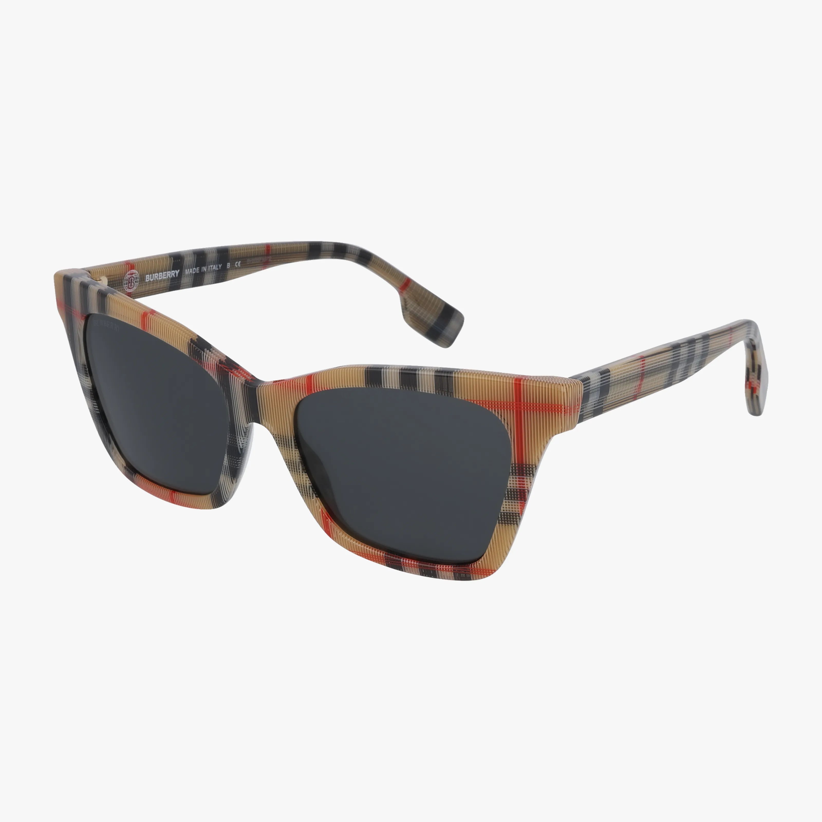 Rectangular BE4346 sunglasses with dark lenses and advanced protection, featuring Burberry’s signature beige, black, and red check frame, displayed against a white background. Shop these stylish sunglasses online.