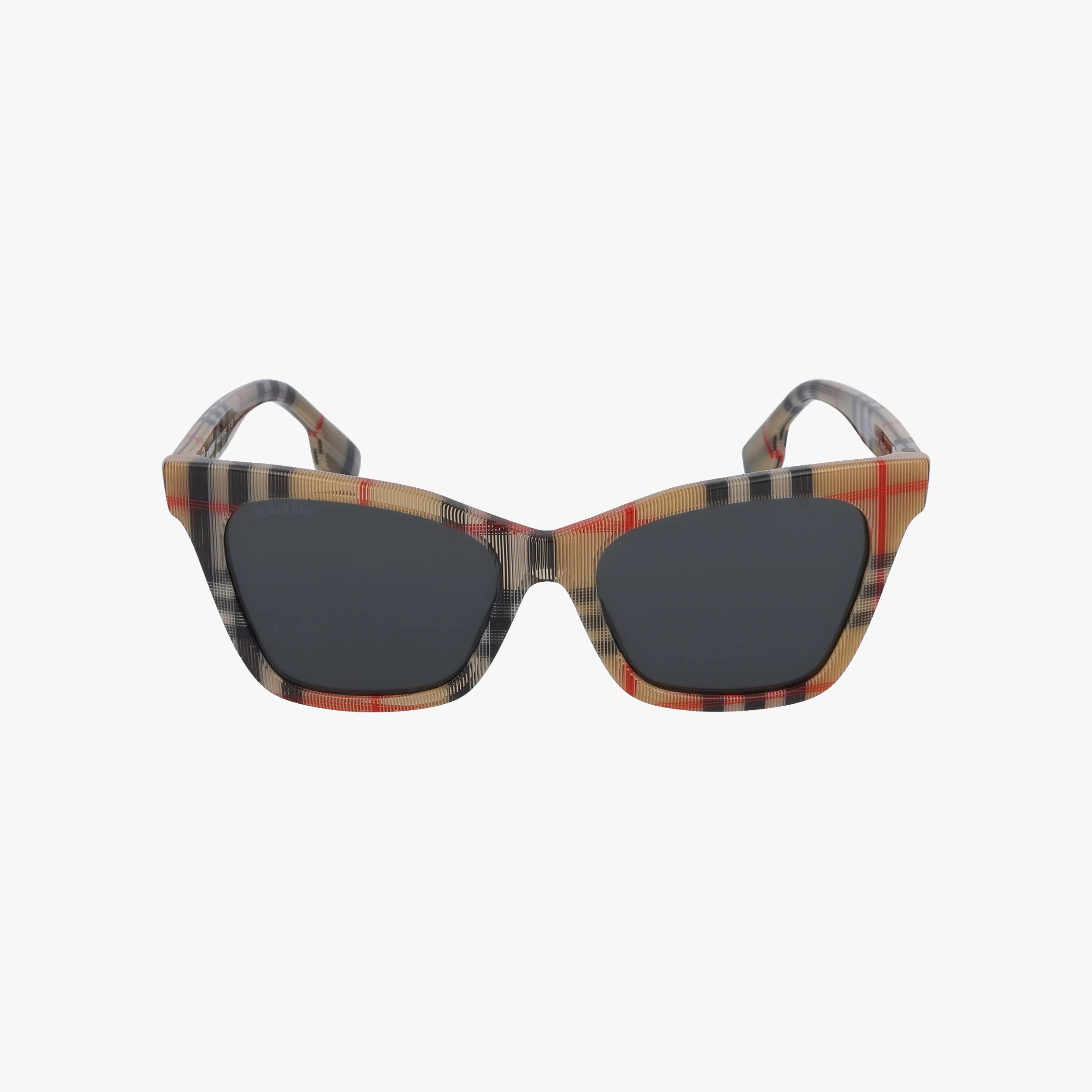 The BE4346 cat-eye sunglasses feature black lenses and a plaid-patterned frame with beige, red, and black stripes for advanced protection; shop these stylish sunglasses online, shown on a white background.