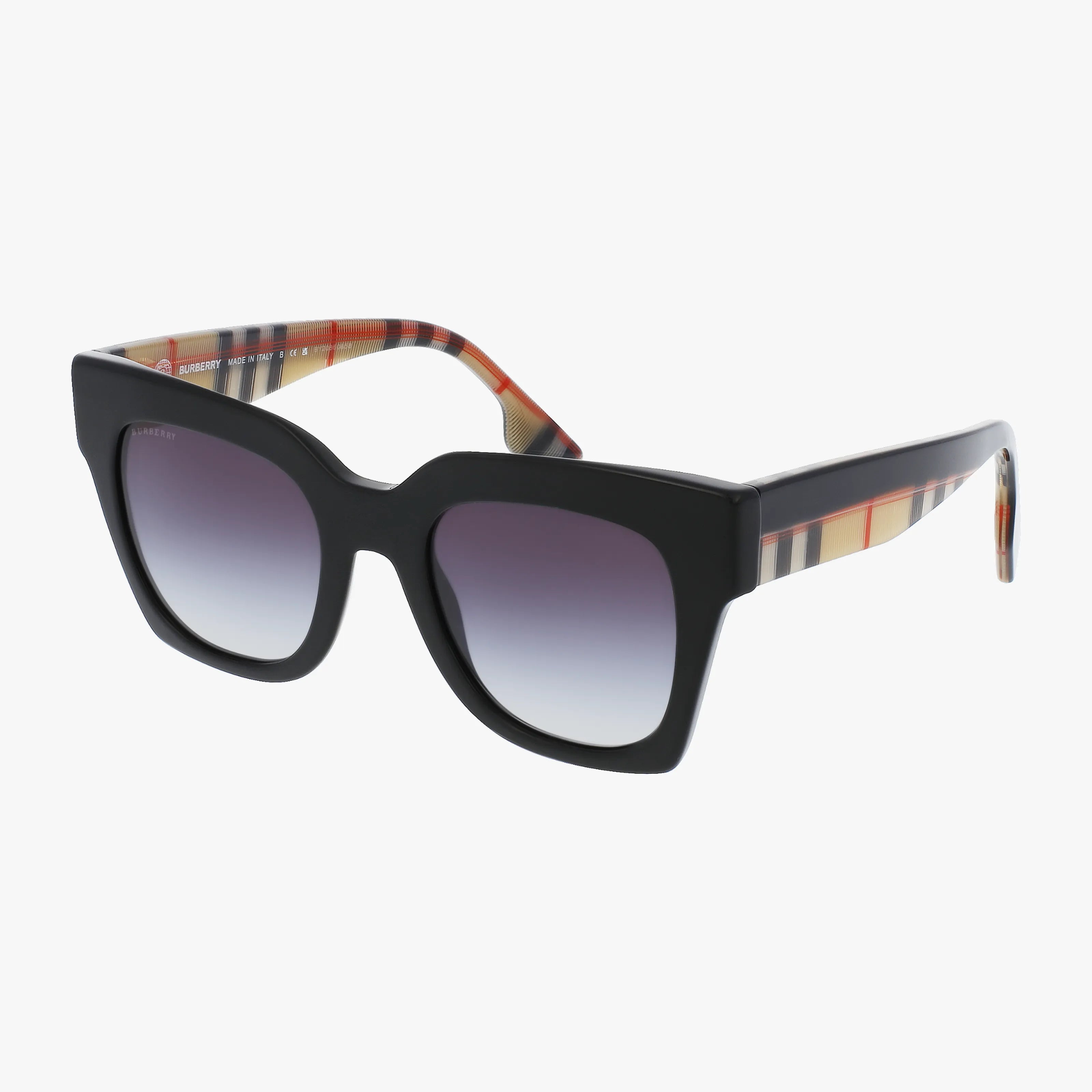 The BE4364 sunglasses feature a black square frame, premium gradient tinted lenses, and arms with a beige, red, and black plaid pattern for superior eye protection.