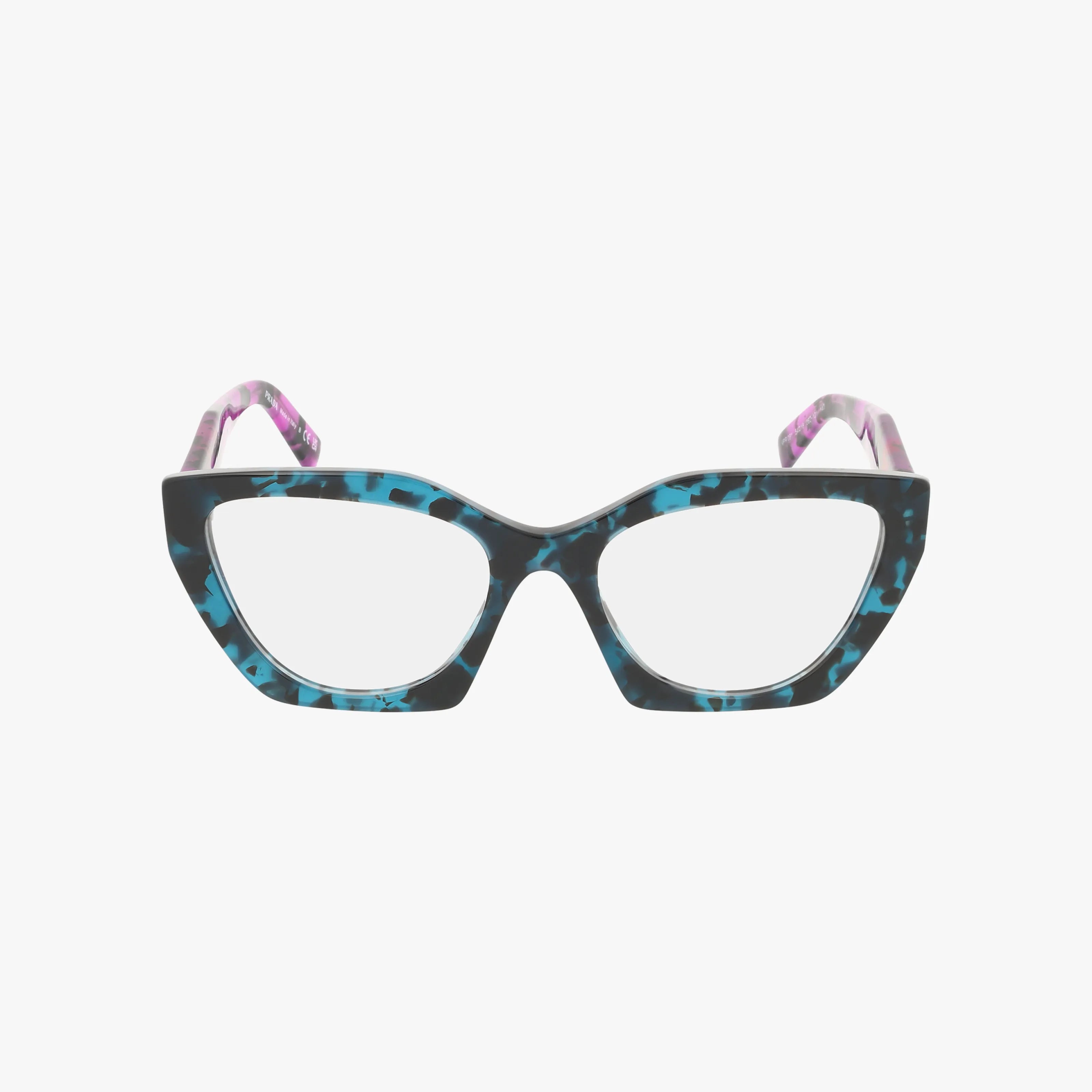 PR09YV cat-eye eyewear features a bold blue and black tortoiseshell design, purple and pink marbled arms, and a durable frame. Progressive lens compatible. Displayed on a white background.