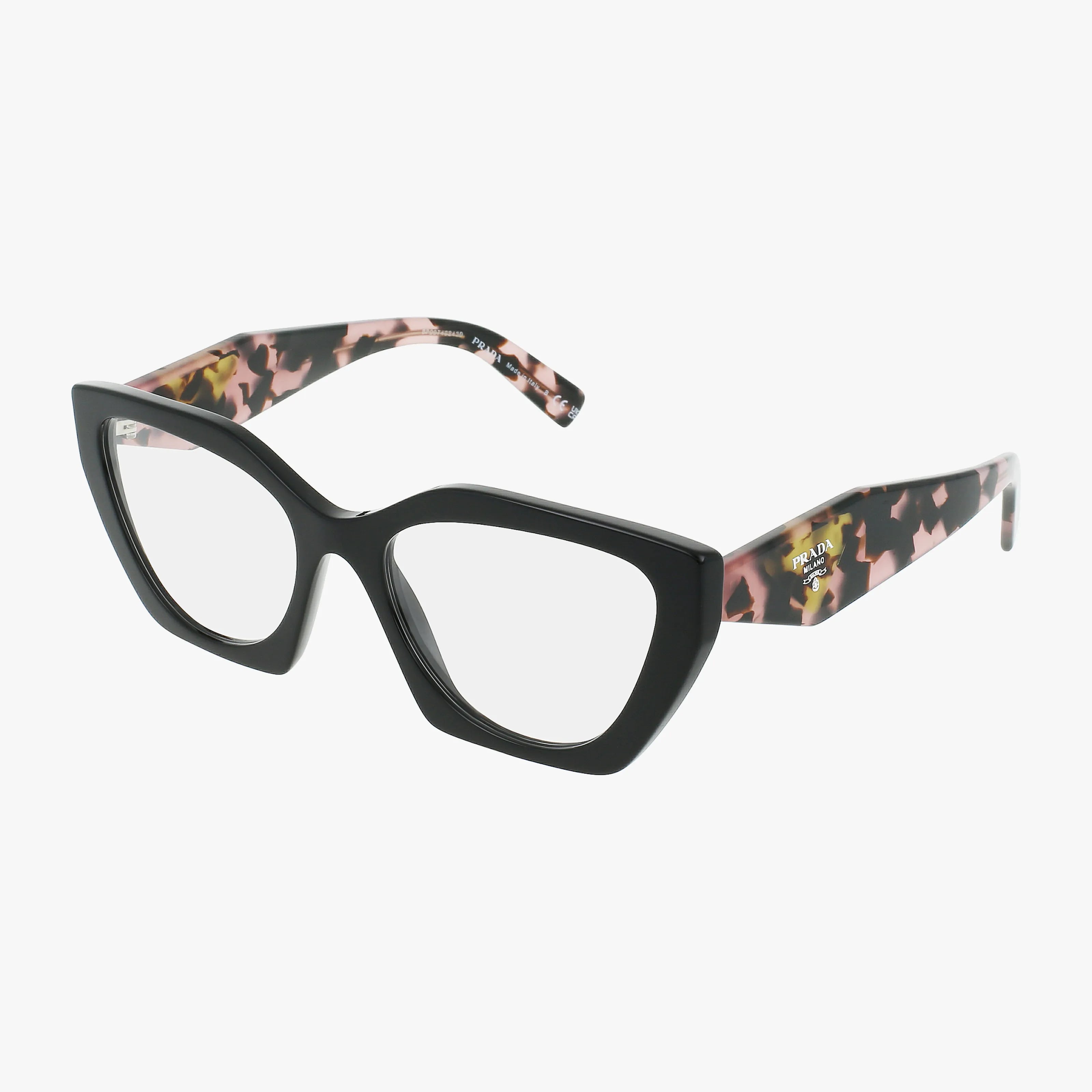 The PR09YV features black cat-eye frames, clear lenses, and pink, brown, and black tortoiseshell-patterned arms. The Prada logo accents the left arm—ideal for fashion-forward eyewear enthusiasts seeking durability and style.