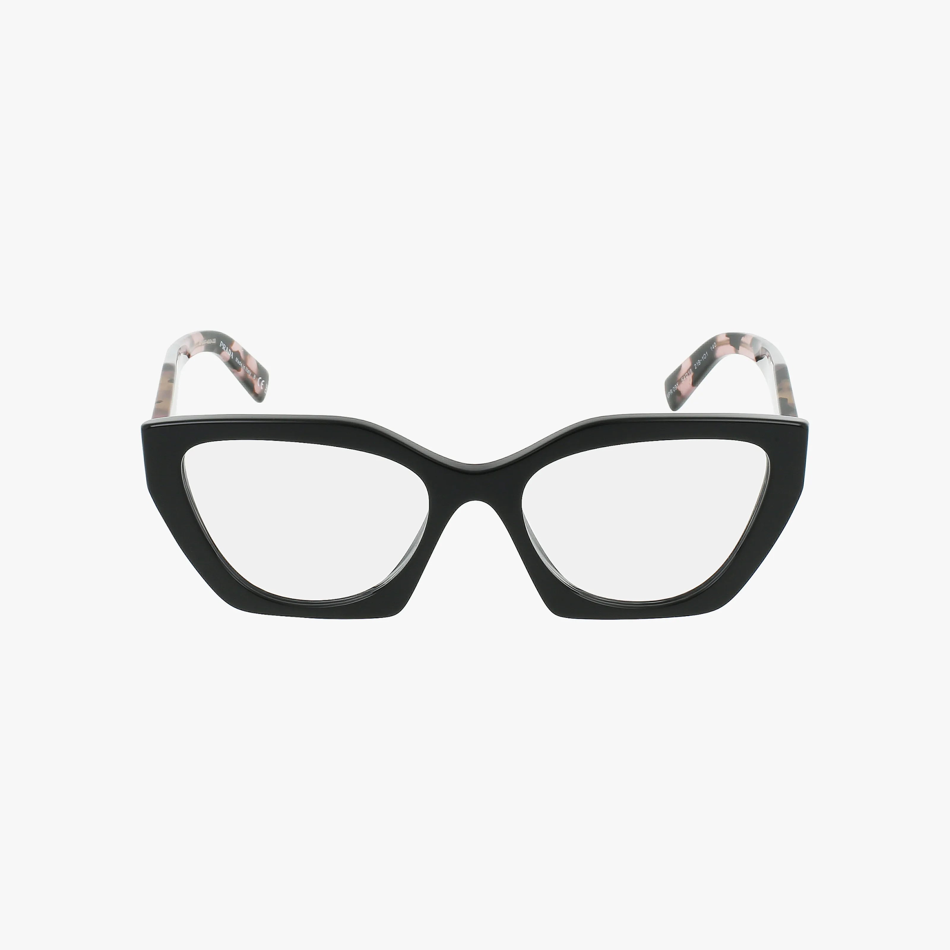 The PR09YV eyeglasses feature a durable black cat-eye frame with clear lenses and temple arms showcasing a pink, gray, and white marbled pattern. This stylish eyewear is presented against a white background.