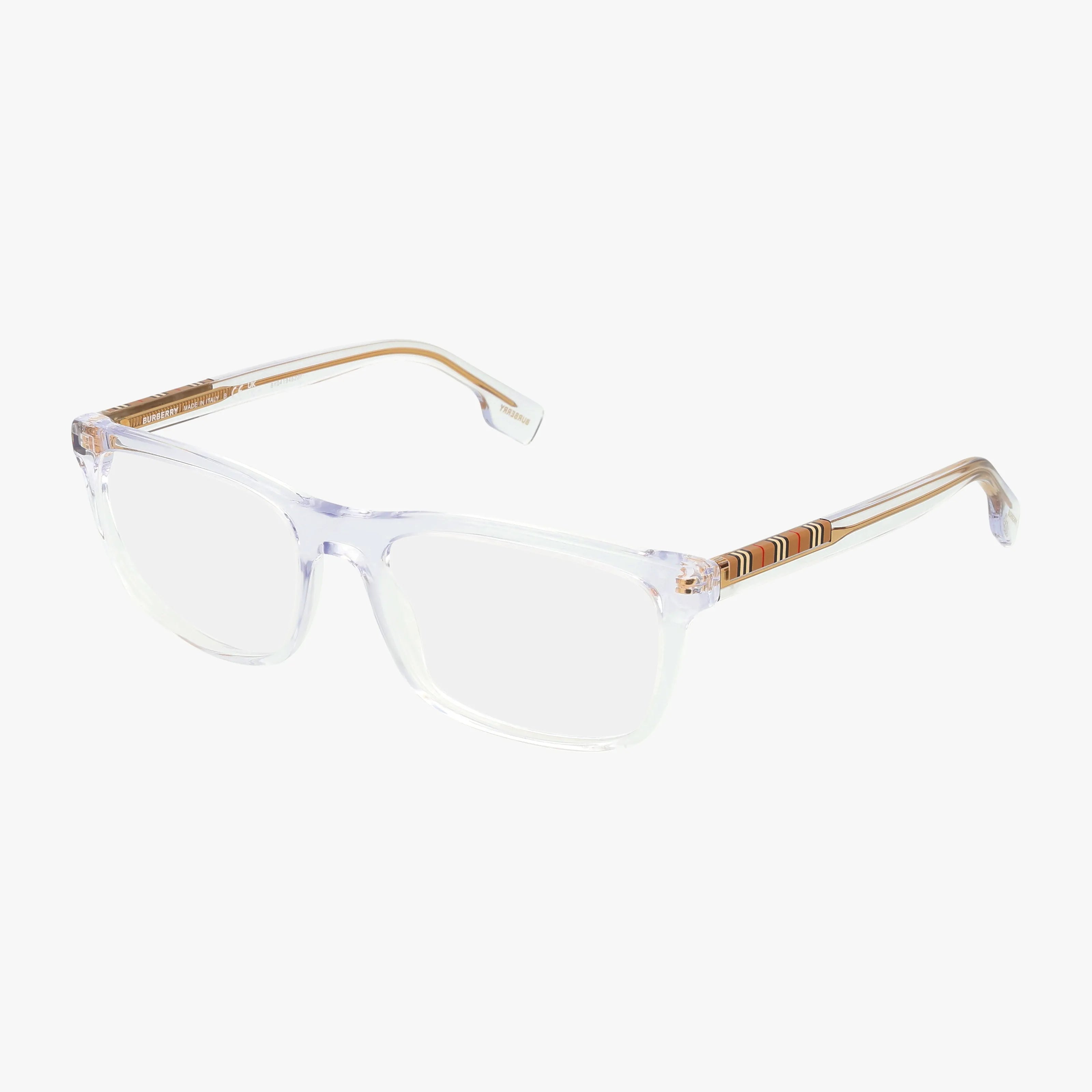 The BE2334 eyeglasses feature a clear rectangular frame with transparent lenses and light brown arms accented by striped detailing near the hinges, shown on a white background.