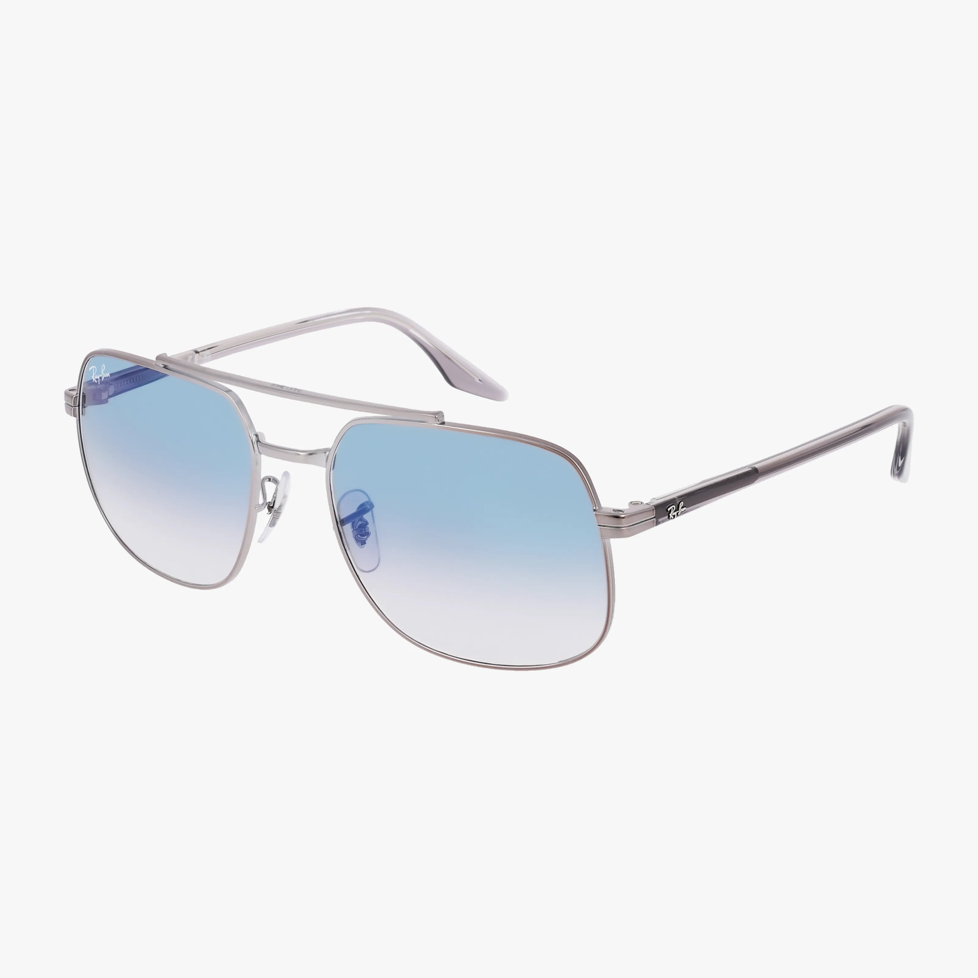 The RB3699 features silver frames, blue gradient lenses, and slim temples for a stylish look and UV protection, displayed on a plain white background.