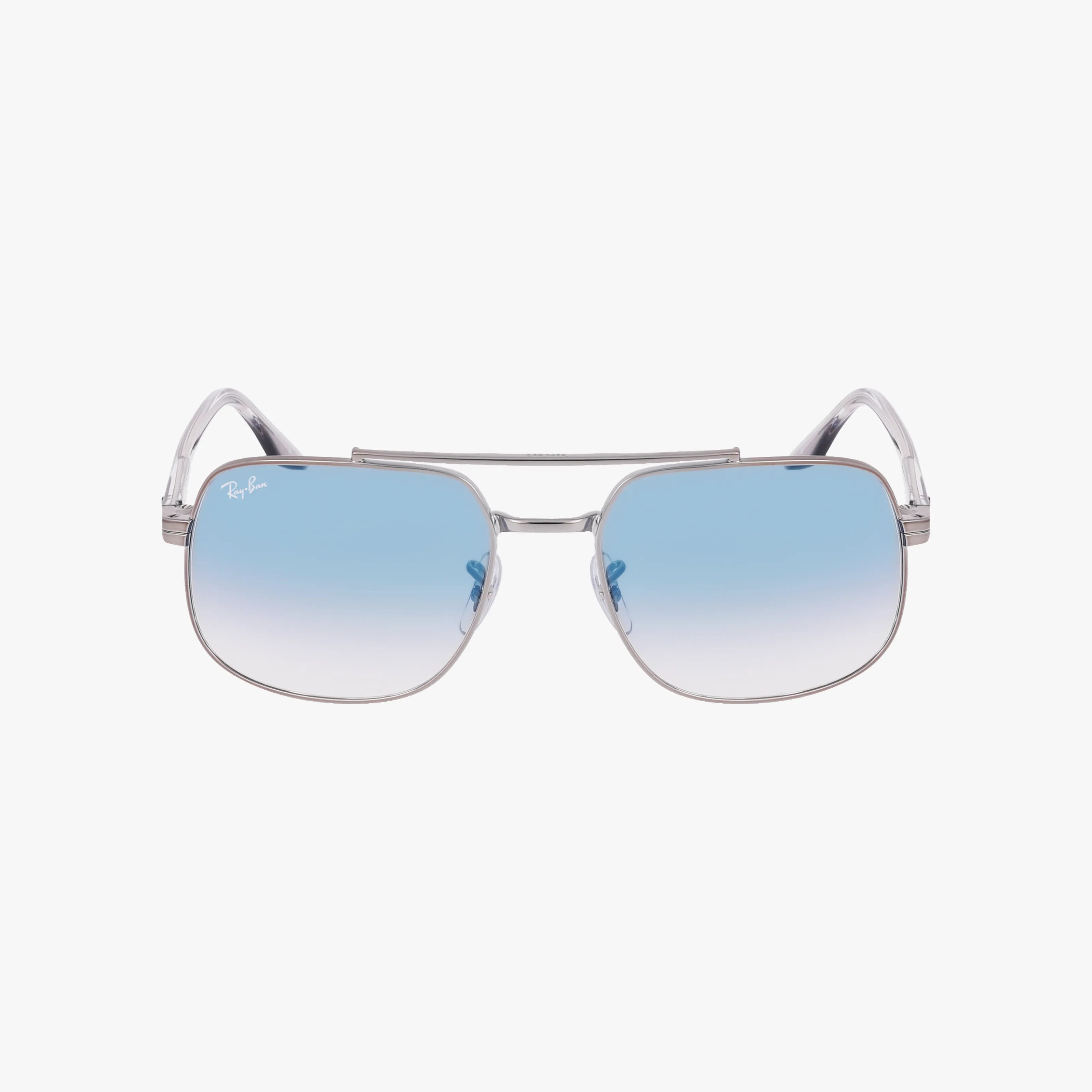 The RB3699 features a silver aviator frame with square lenses that fade from blue to clear, providing UV protection. Displayed on a white background, the brand logo appears on the upper left lens.